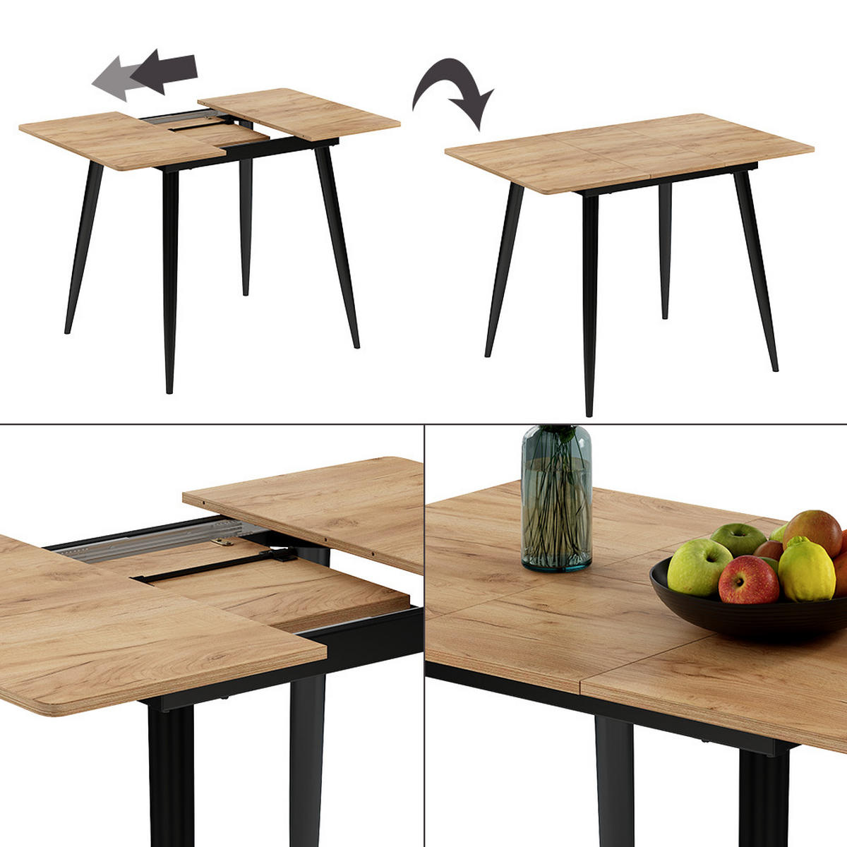 ESSTISCH Beaver Schwarz/Goldkraft Eiche 80 x 70 cm ausziehbar - Eiche Wotan/Schwarz, Holzwerkstoff (70/80/75cm) - Vicco