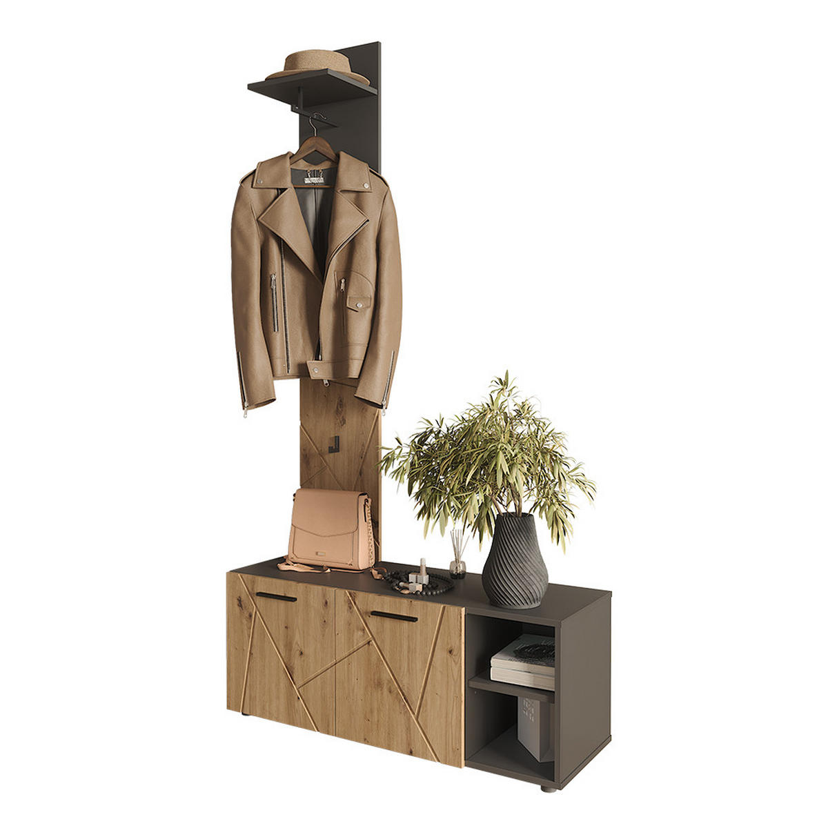 GARDEROBE Irma Anthrazit/Artisan 106 x 43 cm Set mit Schuhschrank und Garderobenpaneel - Anthrazit, Holzwerkstoff (106/43/37cm) - Vicco