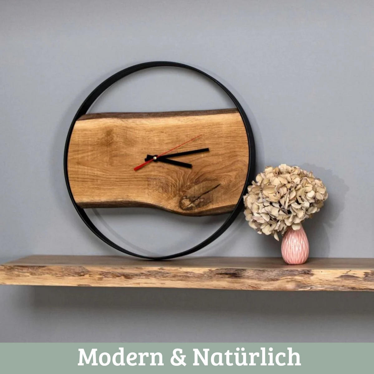 WANDUHR groß Holz PHIL HANDGEFERTIGT 58 cm ⌀ Eiche Geräuschlos - Braun, Holz (58/58/4cm) - DELUKE