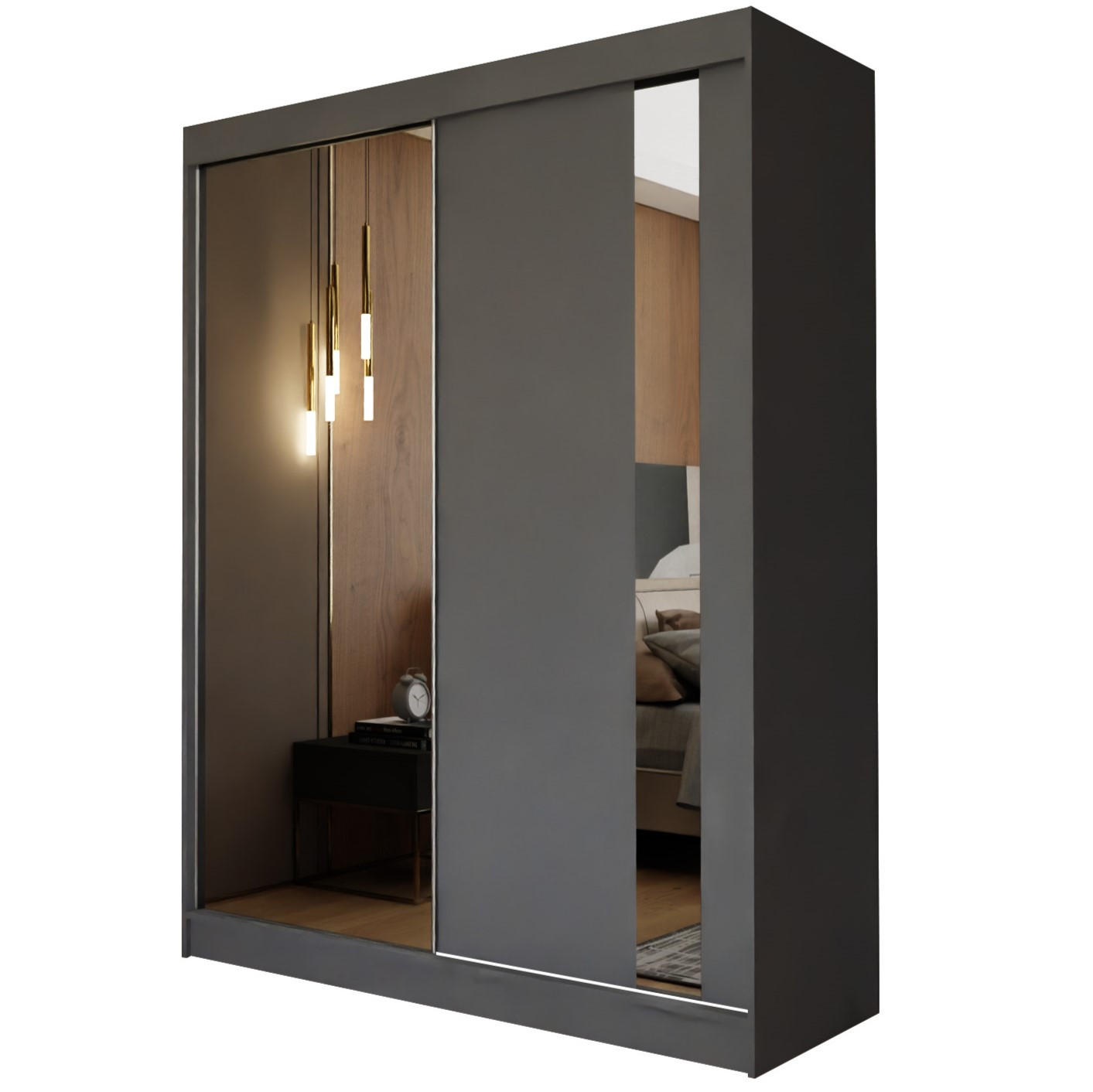 SCHWEBETÜRENSCHRANK GRAZIA 160/216/61 cm 2-türig mit Spiegel Grau - Grau, Holzwerkstoff (160/216/61cm) - MASSENO