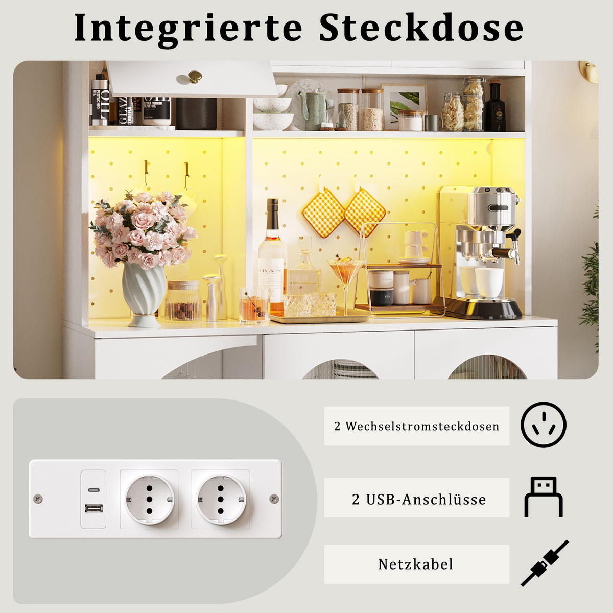 HIGHBOARD in Weiß Küchenschrank mit LED-Lichtleiste und Schubladen für Küche und Wohnzimmer, B120/T40/H176 cm - Goldfarben/Weiß, Glas/Holzwerkstoff (120/176/40cm) - STILVORA