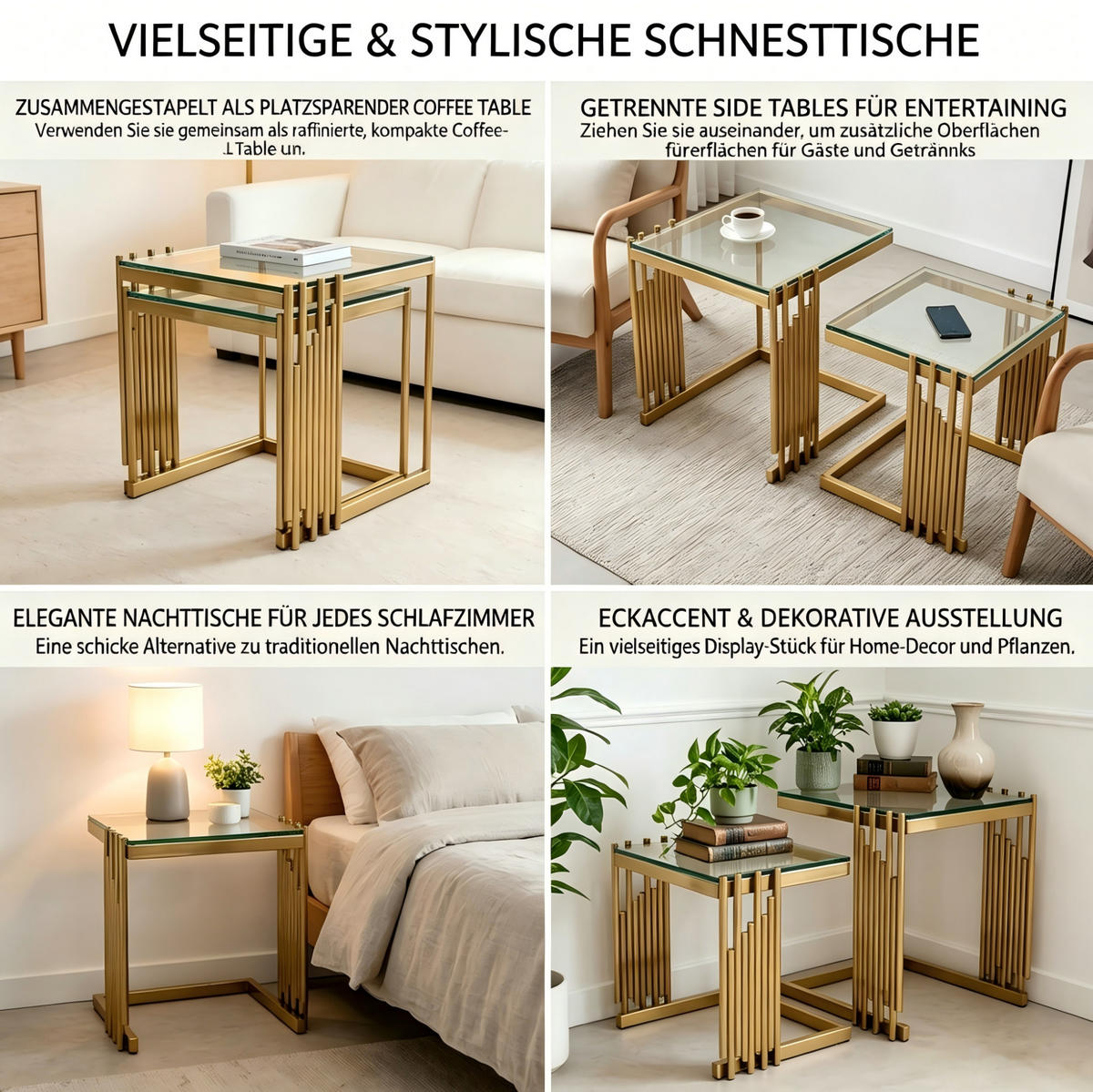 BEISTELLTISCH-SET aus Edelstahl 41x41x46 cm und gehärtetem Glas Gold/Klar, 2-teilig - Goldfarben, Metall (41/41/46cm) - IVMEU
