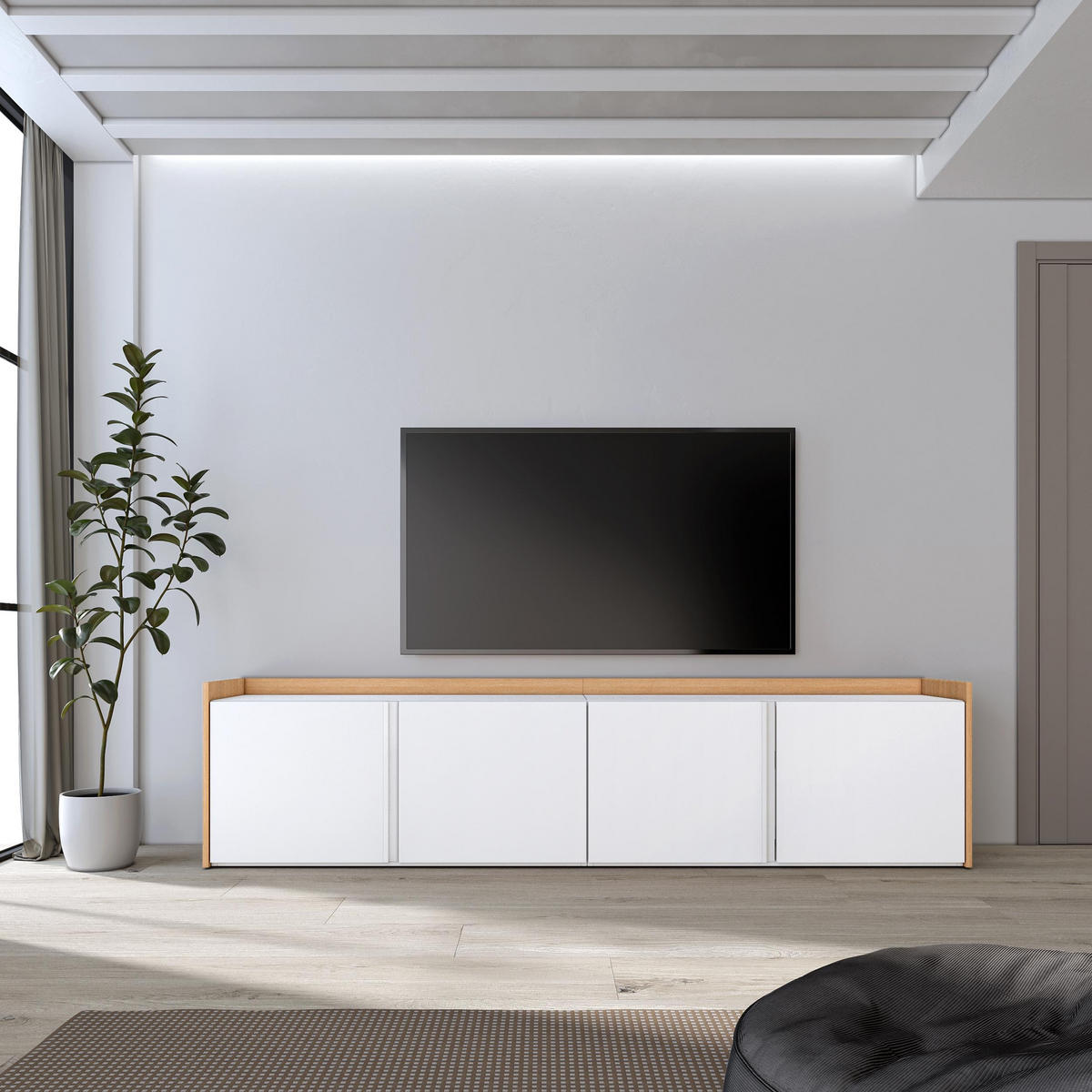 LOWBOARD, Weiß und Eiche, 207/35/50cm - Weiß, Holzwerkstoff (207/50/35cm) - Skraut Home