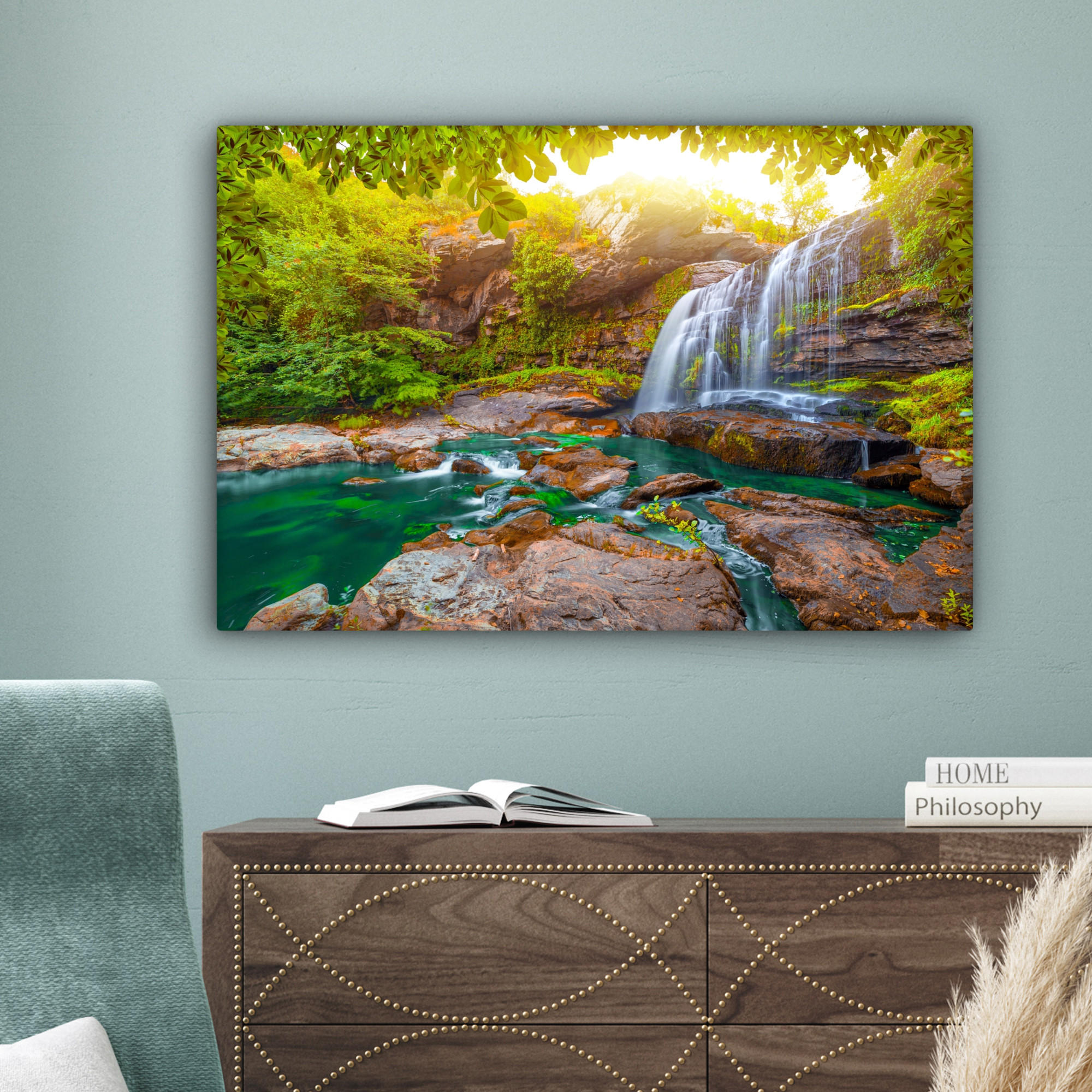 LEINWANDBILD Natur - Wasserfall - Pflanzen - Bäume - Sonne Wanddeko 90x60 cm - Olivgrün, Textil (90/60cm) - MuchoWow