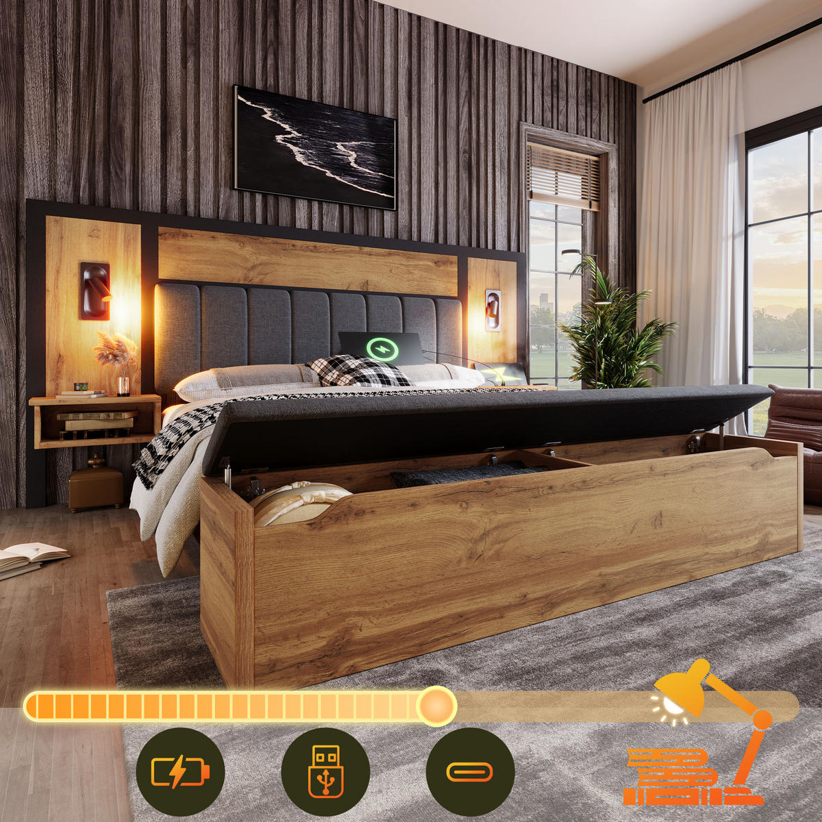 BETTANLAGE 160/200 cm in Eiche mit Leselampen, USB, Type-C, Nachttischen und Sitzbank Metall, MDF & Leinen - Eichefarben/Grau, Holzwerkstoff/Textil (160/200cm) - STILVORA