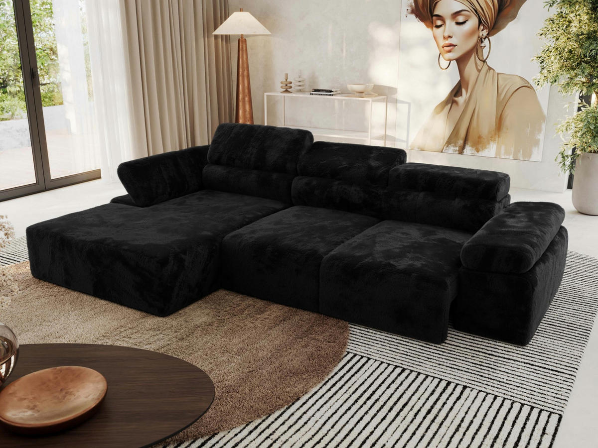 ECKSOFA RILASSO L Schwarz Plüsch - links - Schwarz, Kunststoff/Textil (296/174cm) - MKS
