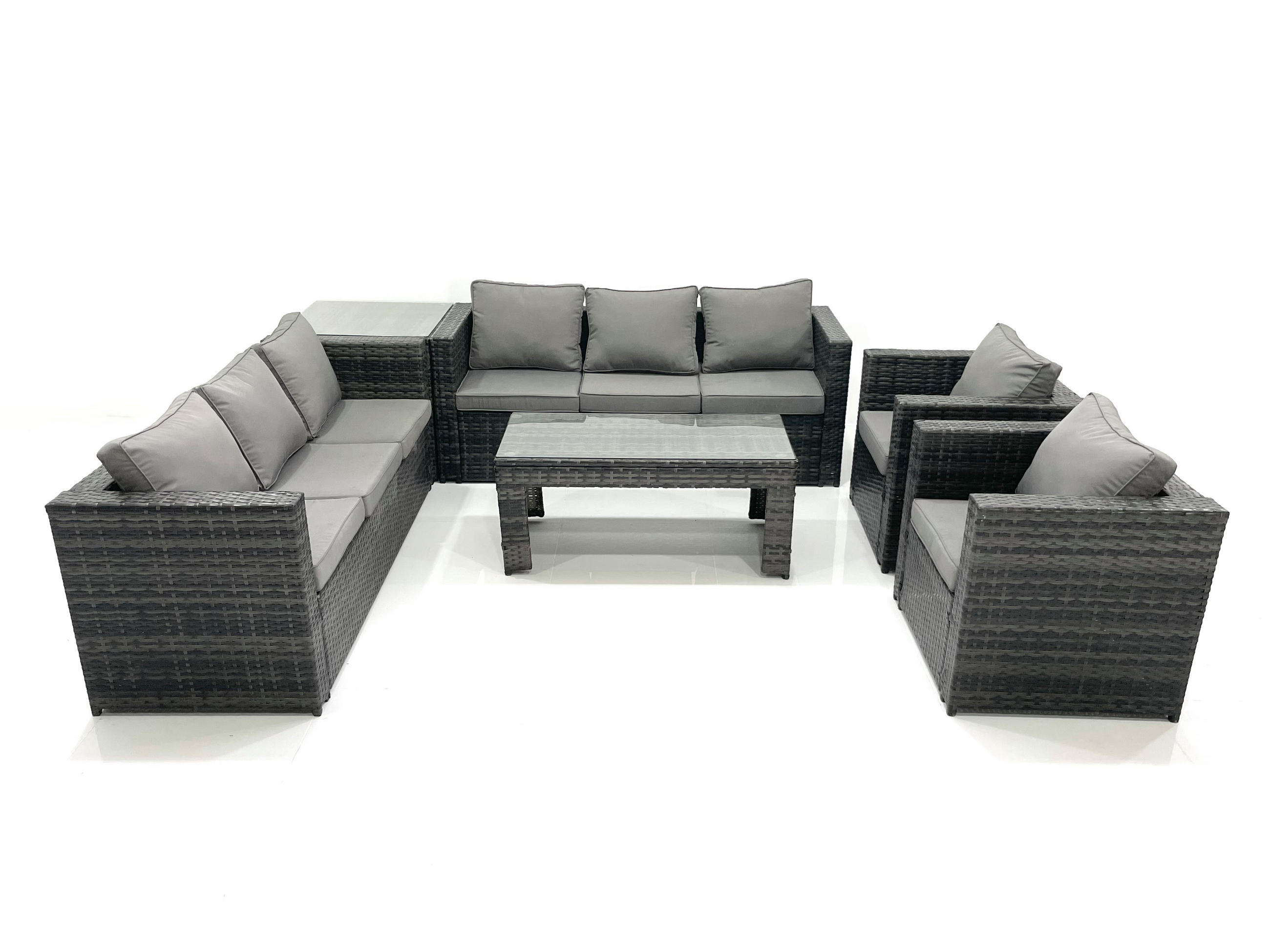 GARTENMÖBEL COUCHTISCH SET mit Sofa Polyrattan Outdoor 8-Sitzer - Dunkelgrau/Grau, Glas/Kunststoff - Fimous