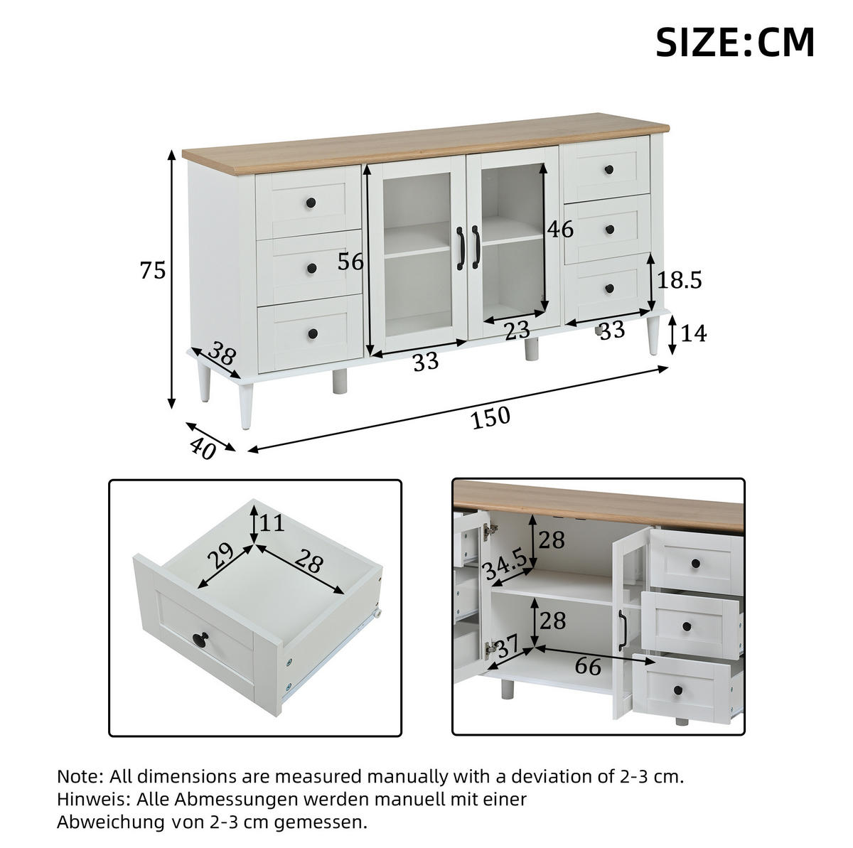 SIDEBOARD 150/40/75 cm Weiß und Holzton aus MDF mit LED-Beleuchtung - Weiß, Holzwerkstoff (40/75/150cm) - OKMYHOME