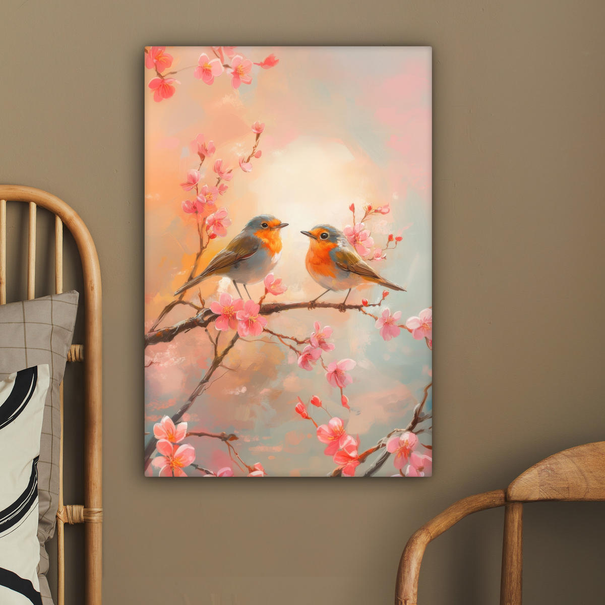 LEINWANDBILD Rotkehlchen - Zierpflanze - Blütenzweig 40x60 cm - Hellrosa, Textil (40/60cm) - MuchoWow