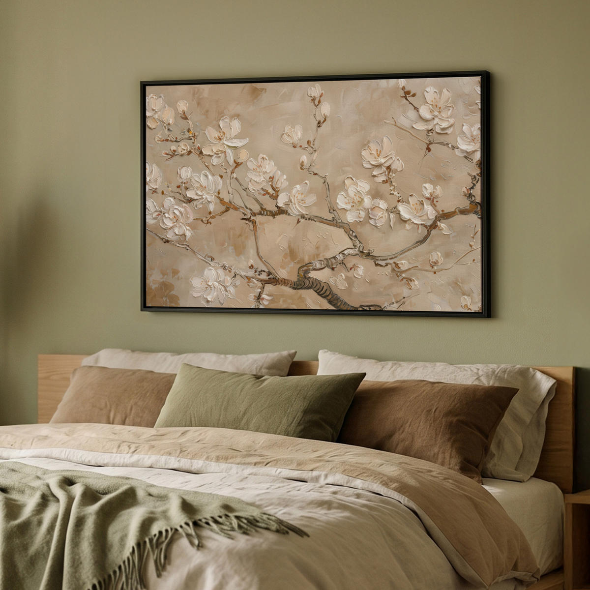 LEINWAND Bilder mit Rahmen - Blumen - Modern - Beige - Weiß - Blüte - 90x60 - Beige, Textil (90/60cm) - MuchoWow