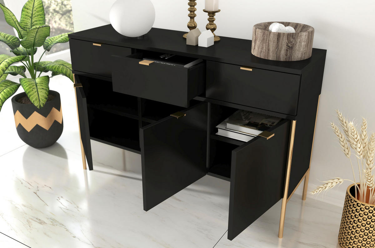 SIDEBOARD Polka, Schwarz, Goldene Details - Goldfarben/Schwarz, Holzwerkstoff/Metall (120/78/37cm) - Skandica