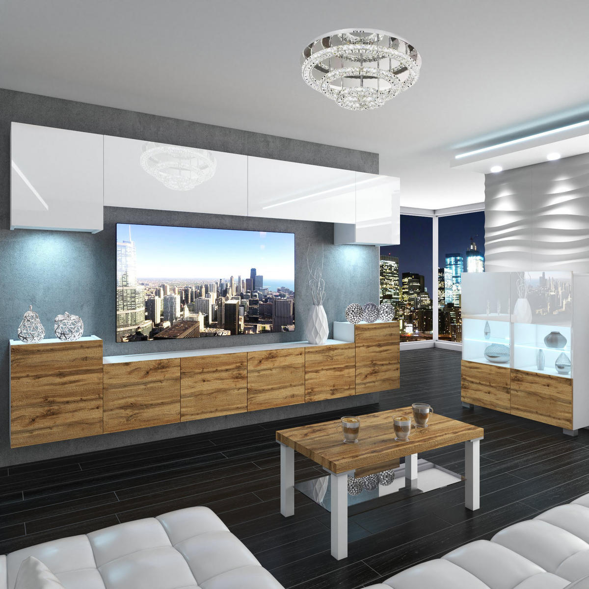 WOHNZIMMERWAND mit LED-Beleuchtung TV-Schrank Weiß/Eiche Wotan - Eiche Wotan/Weiß, Holz (300/180/36cm) - B BELINI GROUP