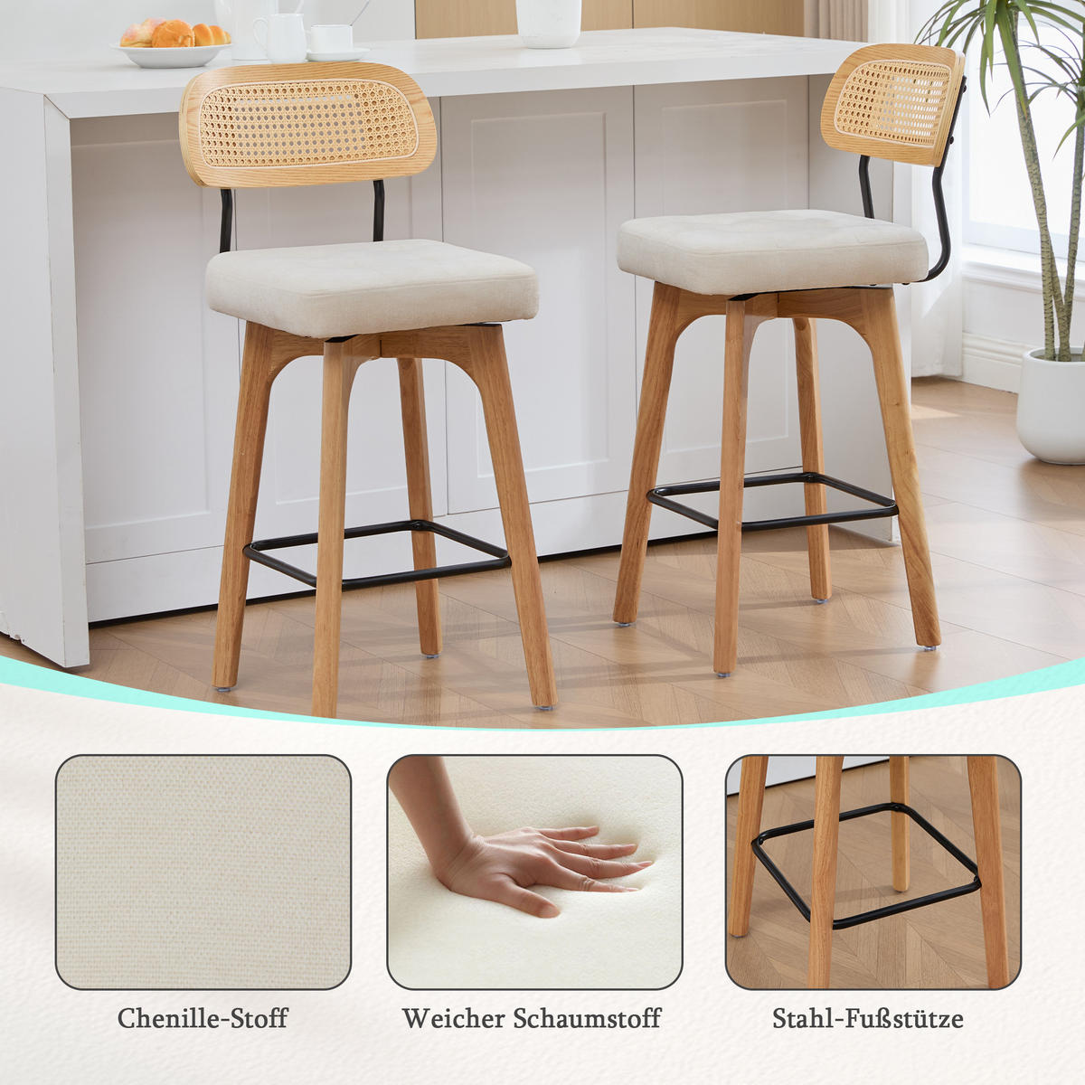 BARHOCKER 2er Set, 360° drehbar, Wiener Geflecht/Chenille, 67,5cm Sitzhöhe, Beige - Wildeiche/Beige, Holz/Textil (44/96/51cm) - LVHOM