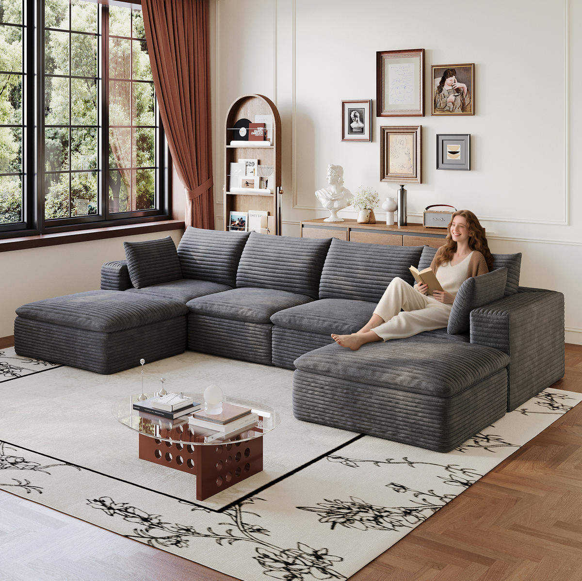 WOHNLANDSCHAFT aus Stoff 340 cm Dunkelgrau mit flexiblem Aufbau und Schaumstoffkomfort - Dunkelgrau, Textil (340/60/160cm) - Modfu