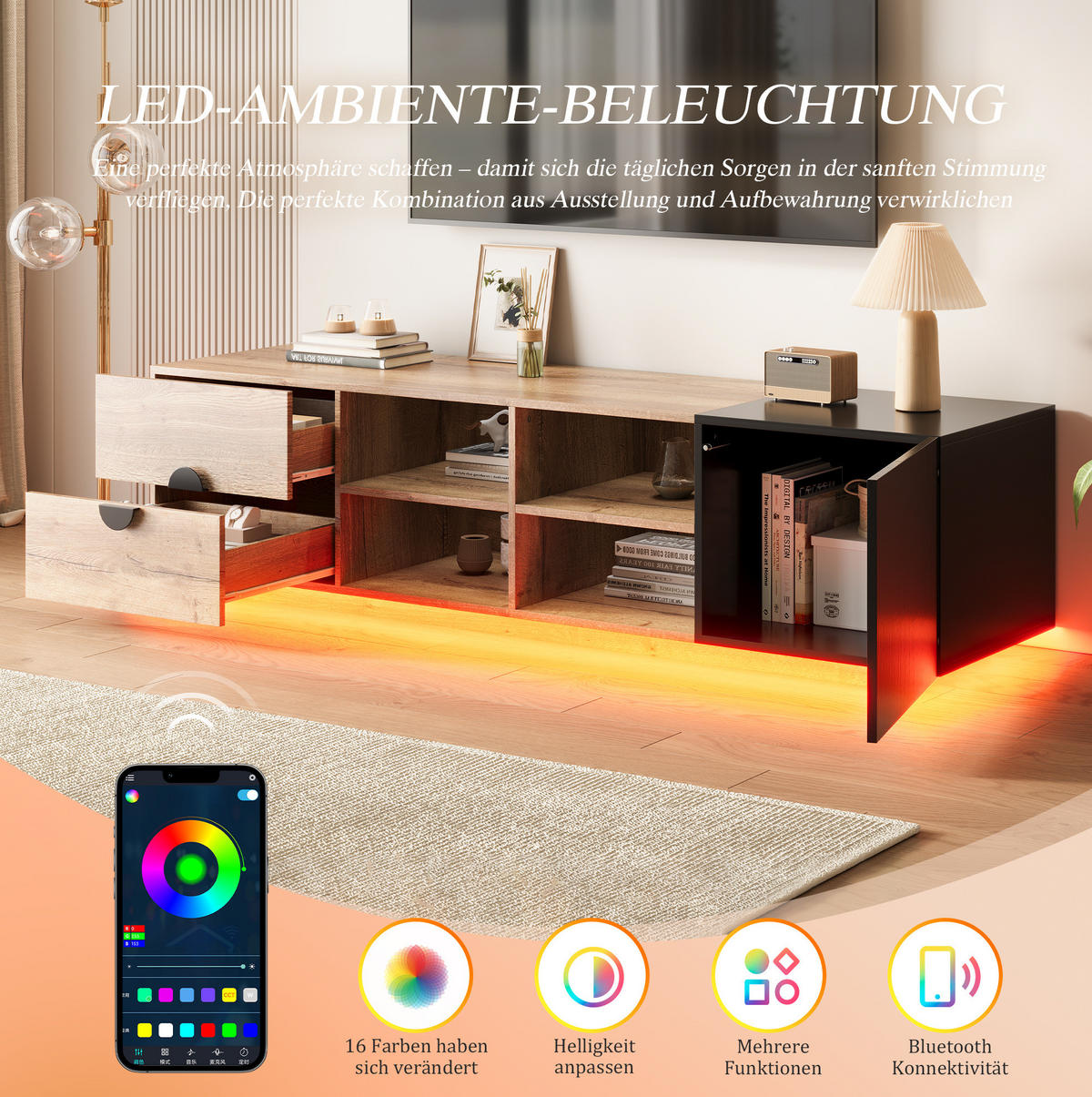LOWBOARD 180/38.5/47 cm Schwarz aus Holzwerkstoff mit LED-Beleuchtung - Schwarz, Holzwerkstoff (38.5/47/180cm) - OKMYHOME