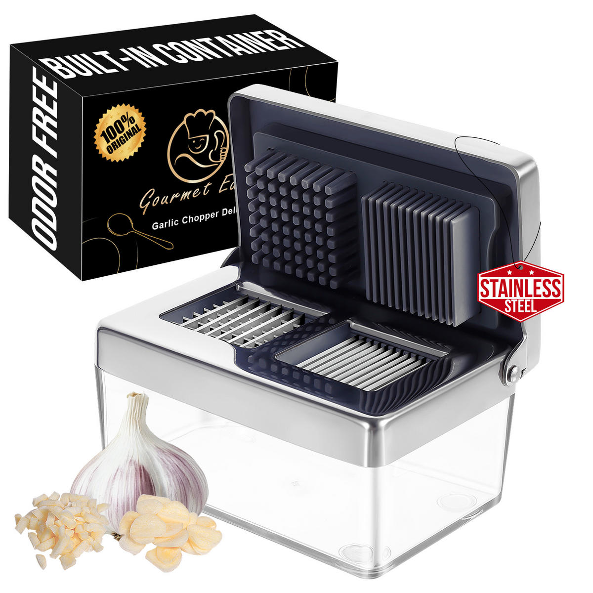 KNOBLAUCHSCHNEIDER Deluxe,Knoblauchschneider Deluxe, Edelstahl, 2-in-1 Hacker & Slicer mit Behälter - Edelstahlfarben, Metall (6.29cm) - Gourmet Easy