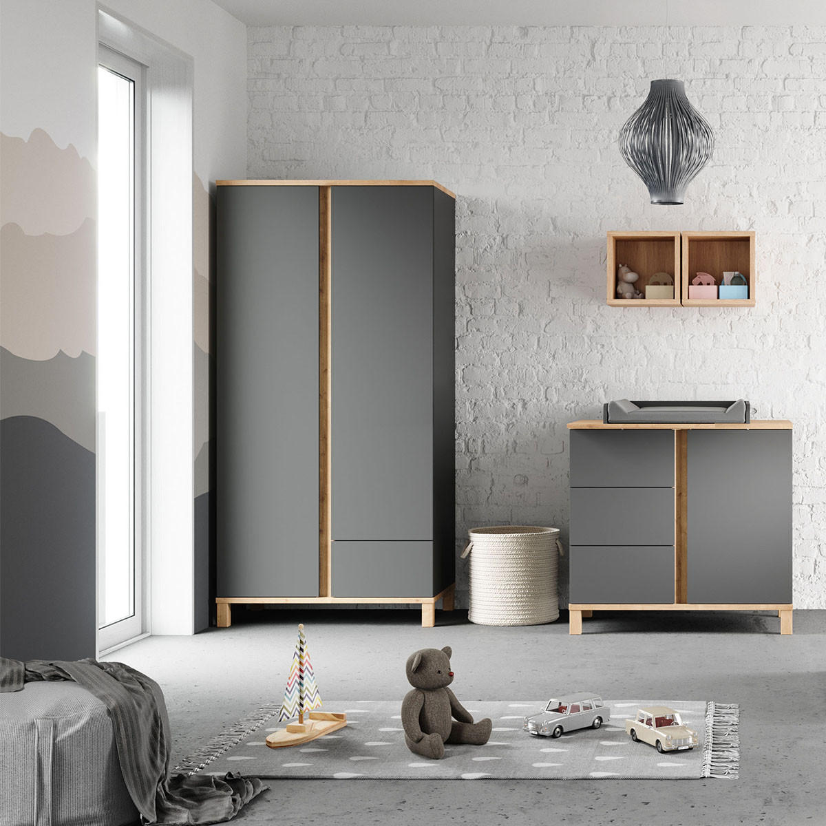KOMMODE mit 3 Schubladen und 1 Tür - L90 cm - Altitude - Eiche Artisan/Grau, Holzwerkstoff (53/84/90cm) - Calicosy