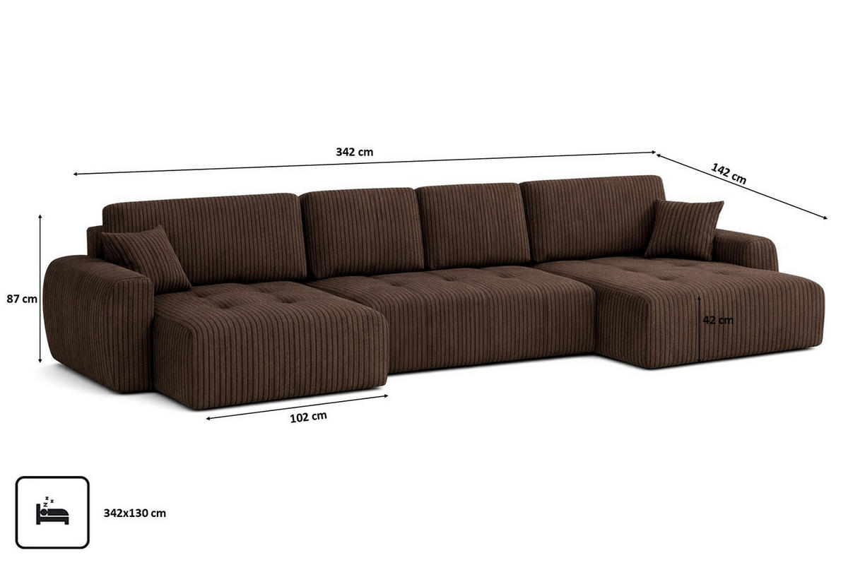 ECKSOFA Mit Schlaffunktion Und Bettkasten U-Form Ivo U, Cordstoff Poso, Braun - Braun, Holz (342/142cm) - Kaiser Möbel