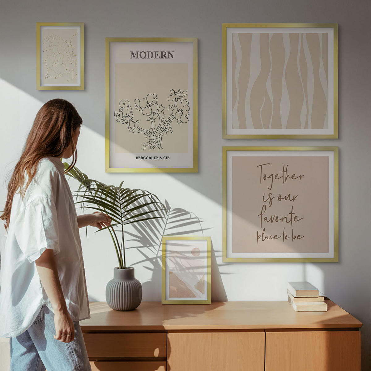 BILDER SET 5er Set - 50x50 cm & 20x30 cm & 40x60 cm Goldrahmen - Abstrakte Formen und Farben - Goldfarben, Kunststoff (40/60cm) - TULUP