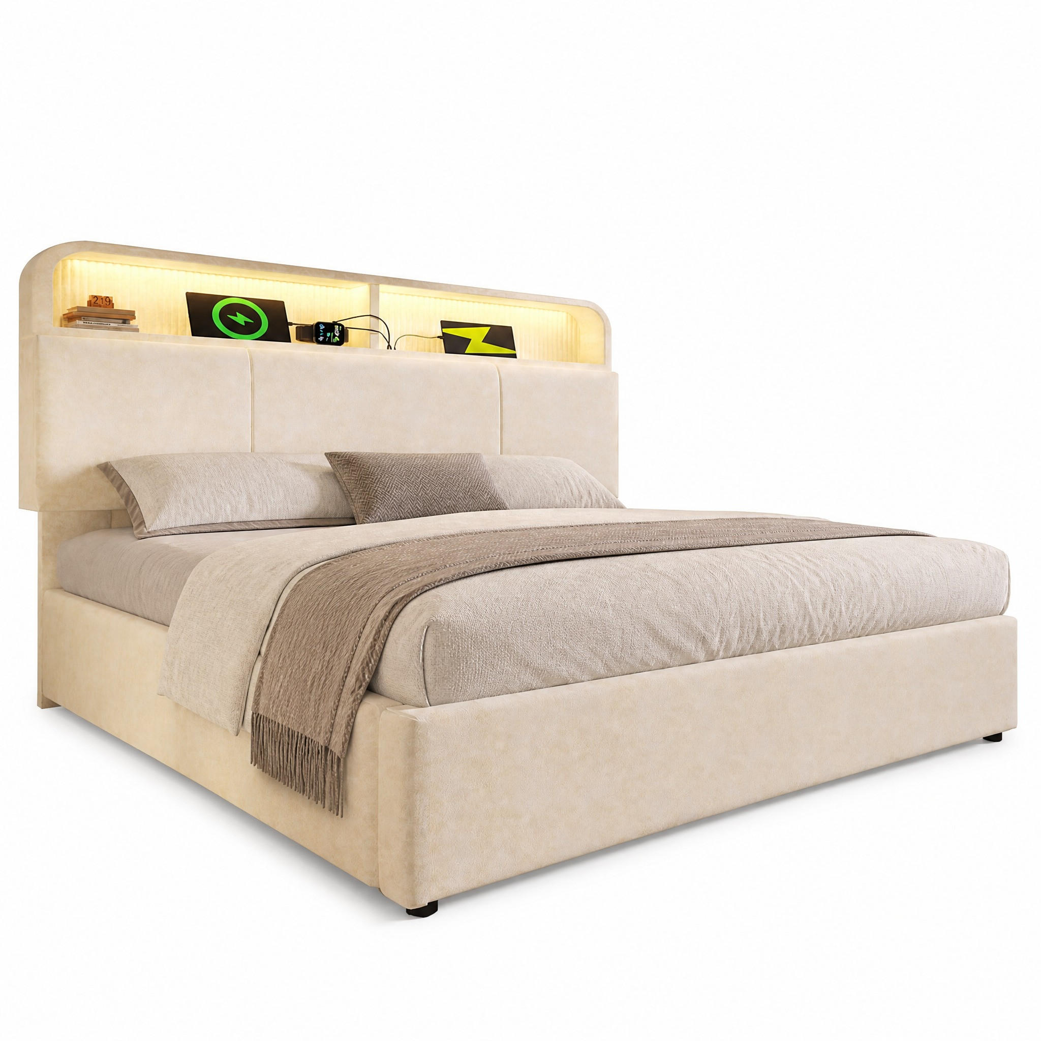 POLSTERBETT 160/200 mit Bettkasten, LED und USB & Type-C in Beige - Beige, Holzwerkstoff/Textil (160/200cm) - EVRYAE