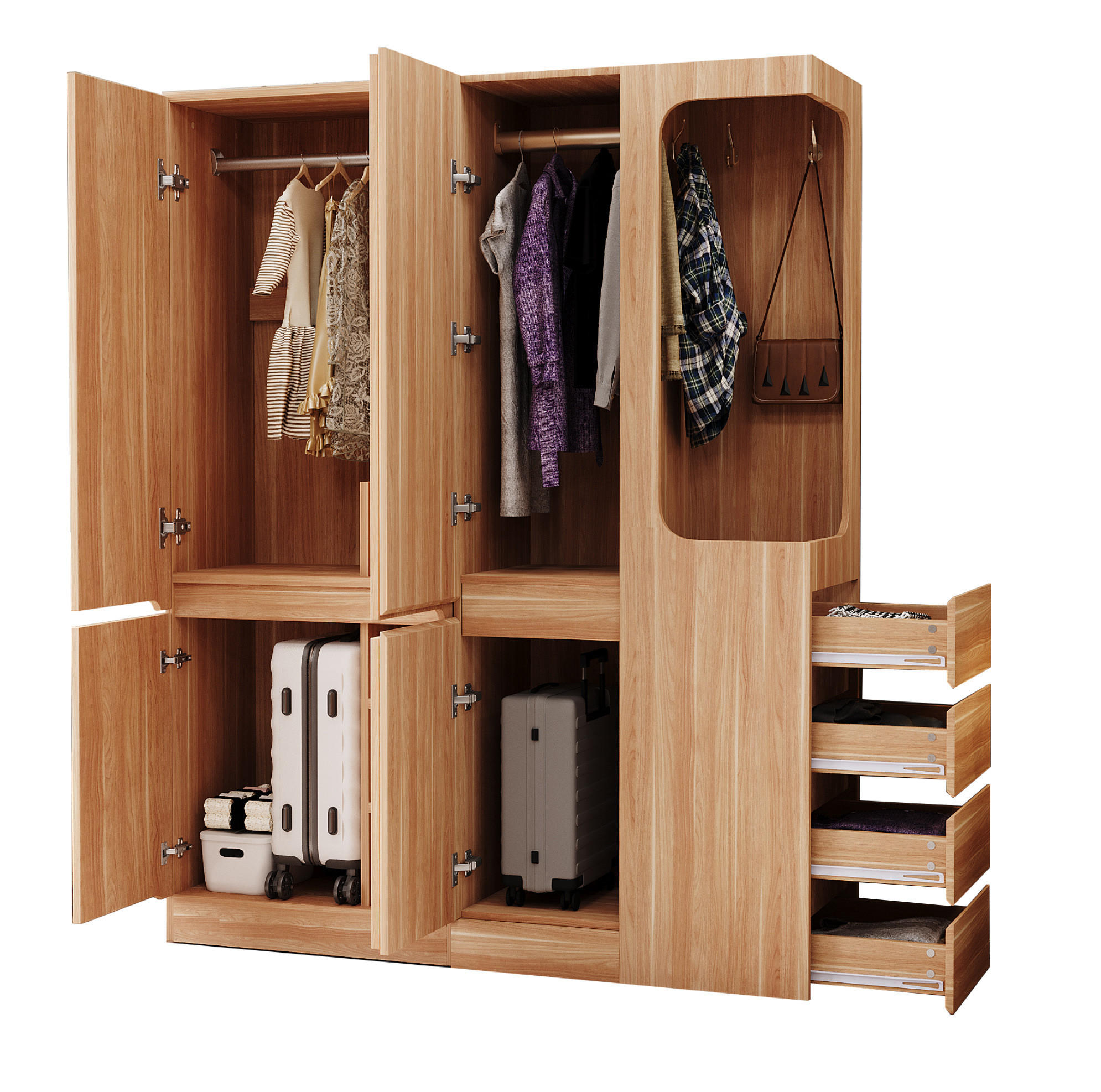 KLEIDERSCHRANK aus Kiefernholz, Sperrholz und MDF 162,5x40x170 cm Holzfarbe mit Schubladen, Staufächern und offenem Hängebereich - Nussbaumfarben, Holzwerkstoff (162.5/170/40cm) - Modfu