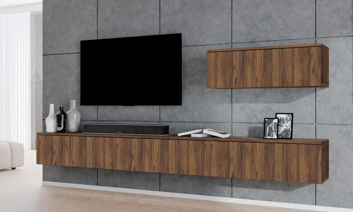 WOHNWAND Loriano IV Nussbaum Warmia 300/68/32 cm Anbauwand - Nussbaumfarben, Holzwerkstoff (300/68/32cm) - AX Living