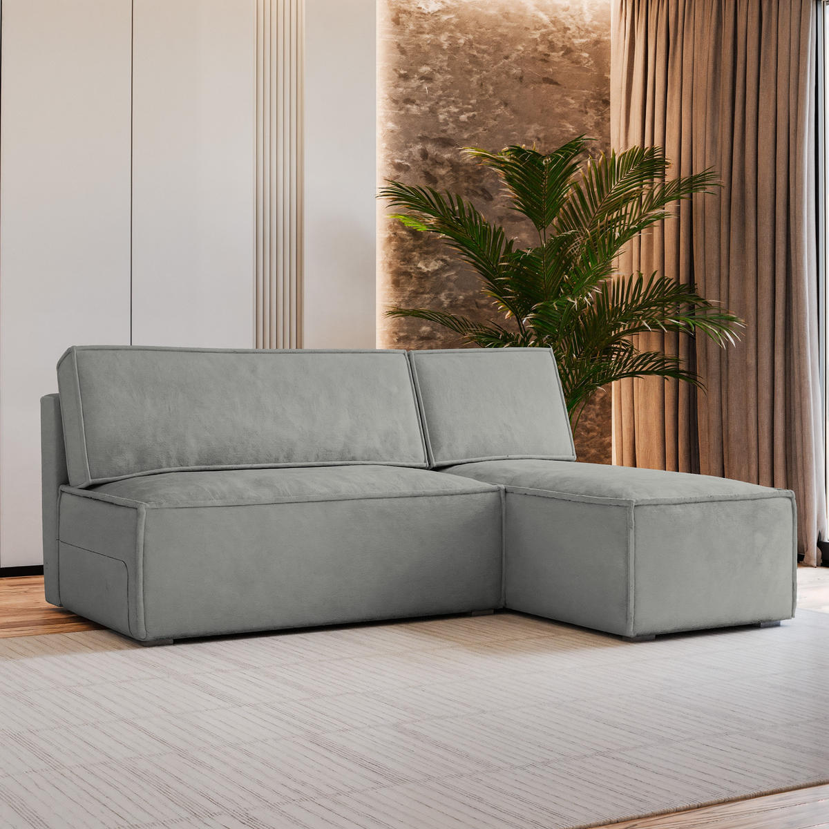 ECKSOFA BRISO M Hellgrau Velours-Stoff mit Schlaffunktion - Hellgrau, Holz (200/140cm) - MASSENO