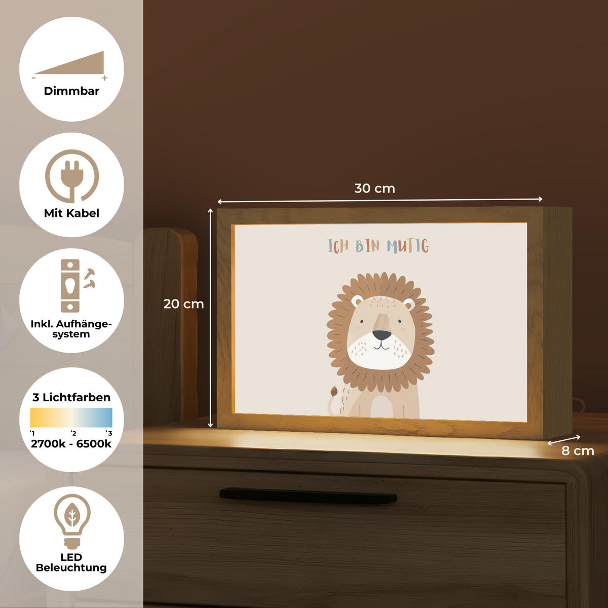 NACHTTISCHLAMPE Löwe - Beige - Tier - Mutig - Zitat 30x20 cm - Beige, Holzwerkstoff (8/30/20cm)