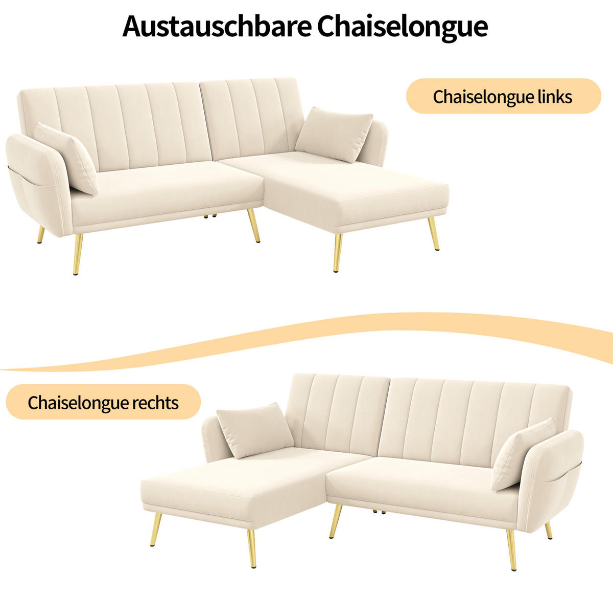 ECKSOFA, Samt mit Schlaffunktion & verstellbarer Rückenlehne, 191,5/130,5/80 cm, Beige - Beige, Textil (130.5/191.5cm) - Redom