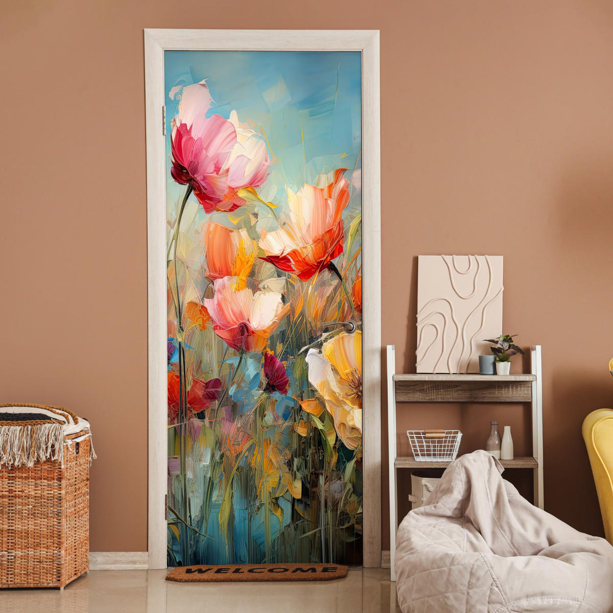 TÜRAUFKLEBER Blumen - Aquarell - Kunst - Botanisch - Natur 90x235 cm - Türtapete - Orange, Kunststoff (90/0.1cm) - MuchoWow