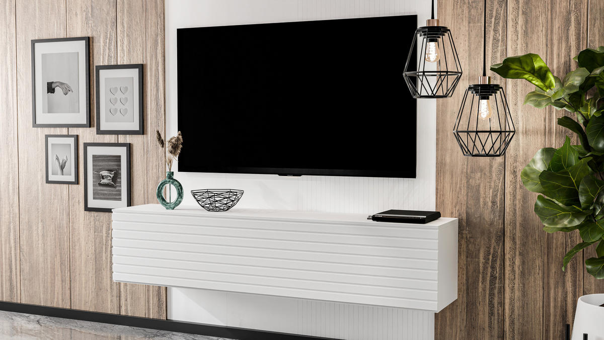 LOWBOARD ZIVOLLI 160 Weiß, Weiße Lamellen 160/34/40 cm – TV-Hängeschrank mit Lamellenfront - Weiß, Holzwerkstoff/Kunststoff (160/34/40cm) - AX Living