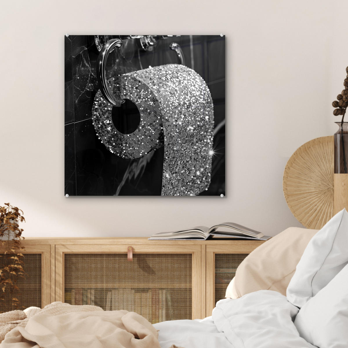 ACRYLGLASBILD WC - Toilettenpapier - Schwarz und weiß - Glitter 50x50 cm - Silberfarben, Glas (50/50cm) - MuchoWow