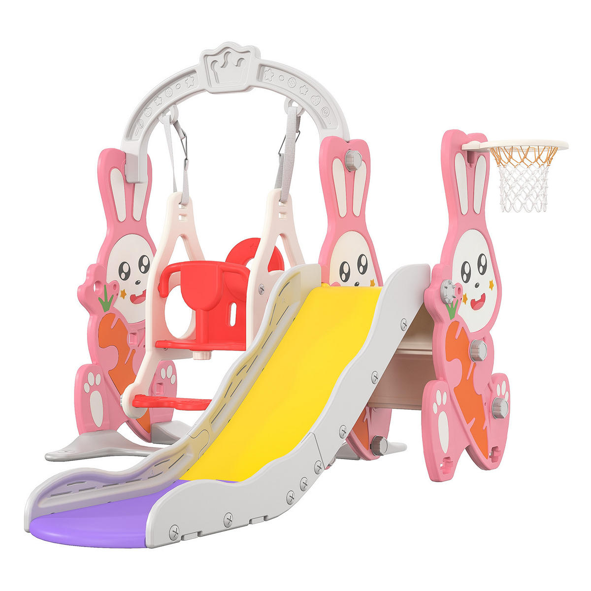 4-IN-1 RUTSCHBAHN Kinder Kaninchen Rosa Mit Schaukel & Basketball - Rosa, Holz (153/118/170cm)