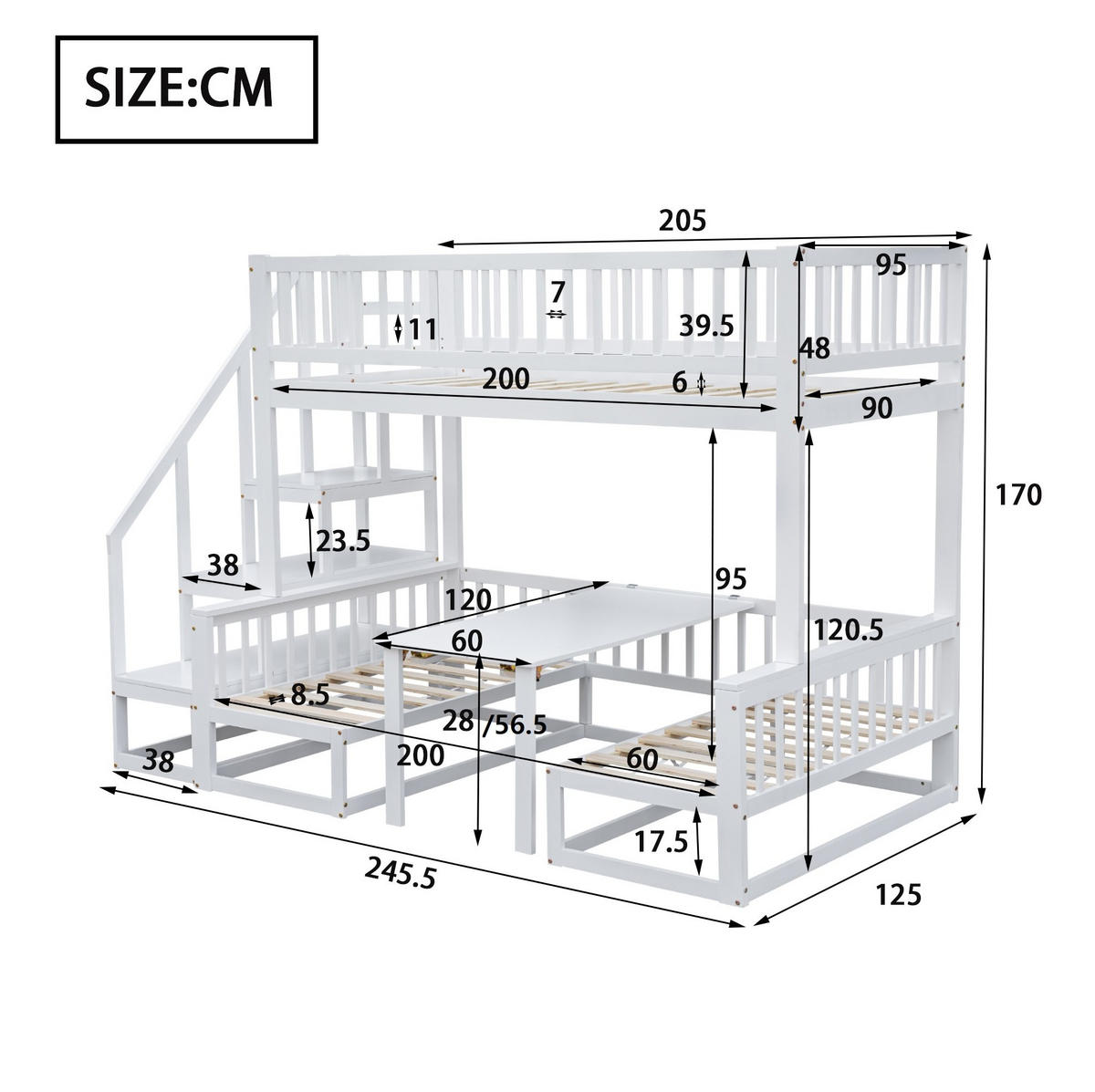 ETAGENBETT aus Kiefer und MDF 245,5x125x170 cm Weiß mit Treppe, verstellbarem Tisch und ausziehbarer Liegefläche - Weiß, Holzwerkstoff (90/200cm) - Modfu