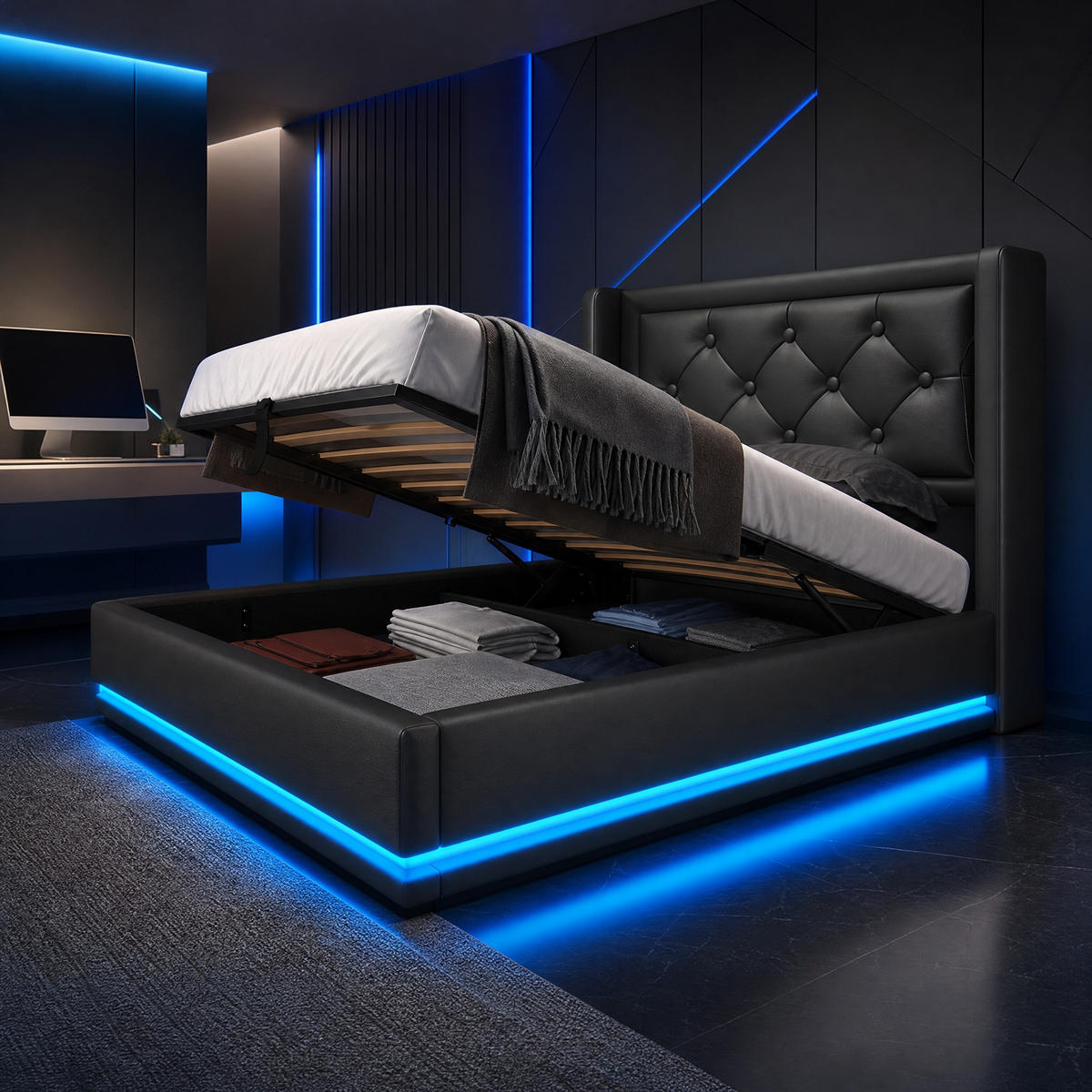 POLSTERBETT 90/200 cm in Schwarz mit Bettkasten, LED, USB und Type-C Kunstleder Design - Schwarz, Holzwerkstoff/Textil (90/200cm) - STILVORA