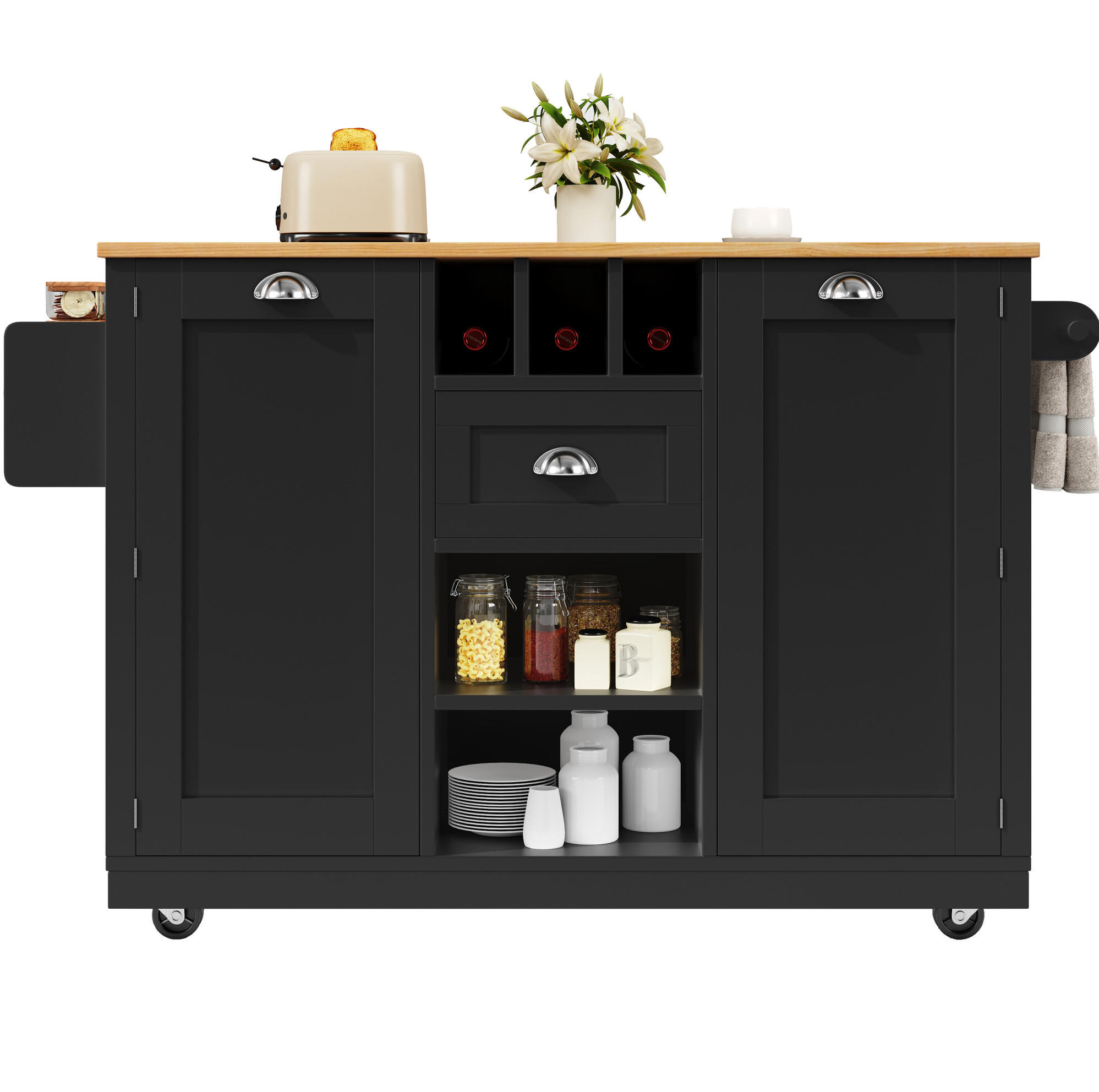 Modfu KUCHYŇSKÝ vozík z MDF 140x70x93,5 cm černý se sklopnou deskou, policí na víno, zásuvkou a kolečky