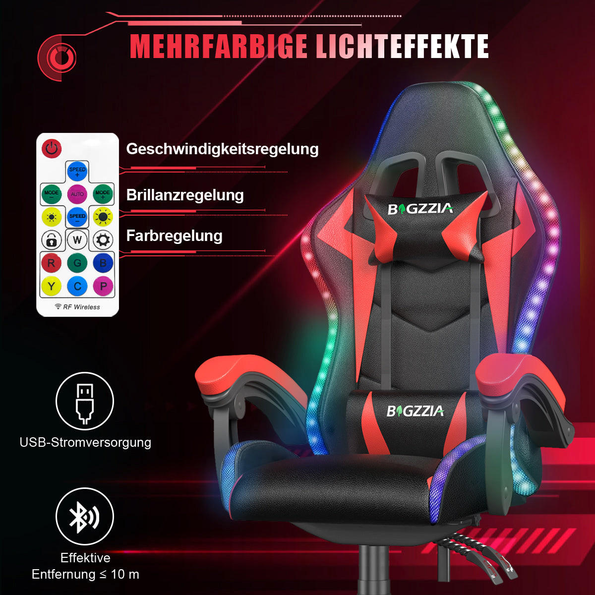 GAMING-STUHL LED, höhenverstellbar, Lenden- & Kopfstütze – Schwarz/Rot - Rot, Leder (53.5/117/54cm) - Rattantree