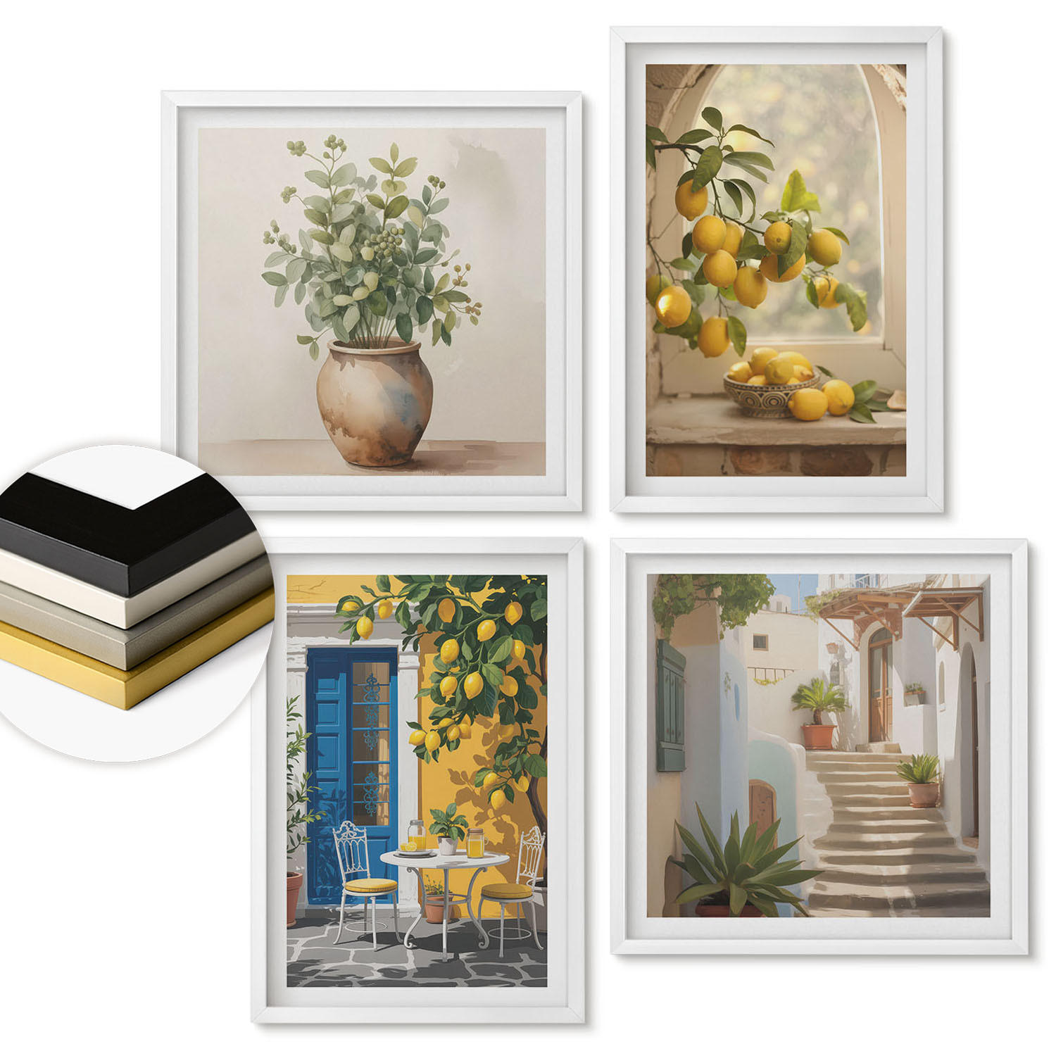 WANDBILDER 4er-Set - 50x50 cm & 40x60 cm Weißer Rahmen - Architektur der Zitronenstadt - Weiß, Kunststoff (50/50cm) - ArtPrintCave
