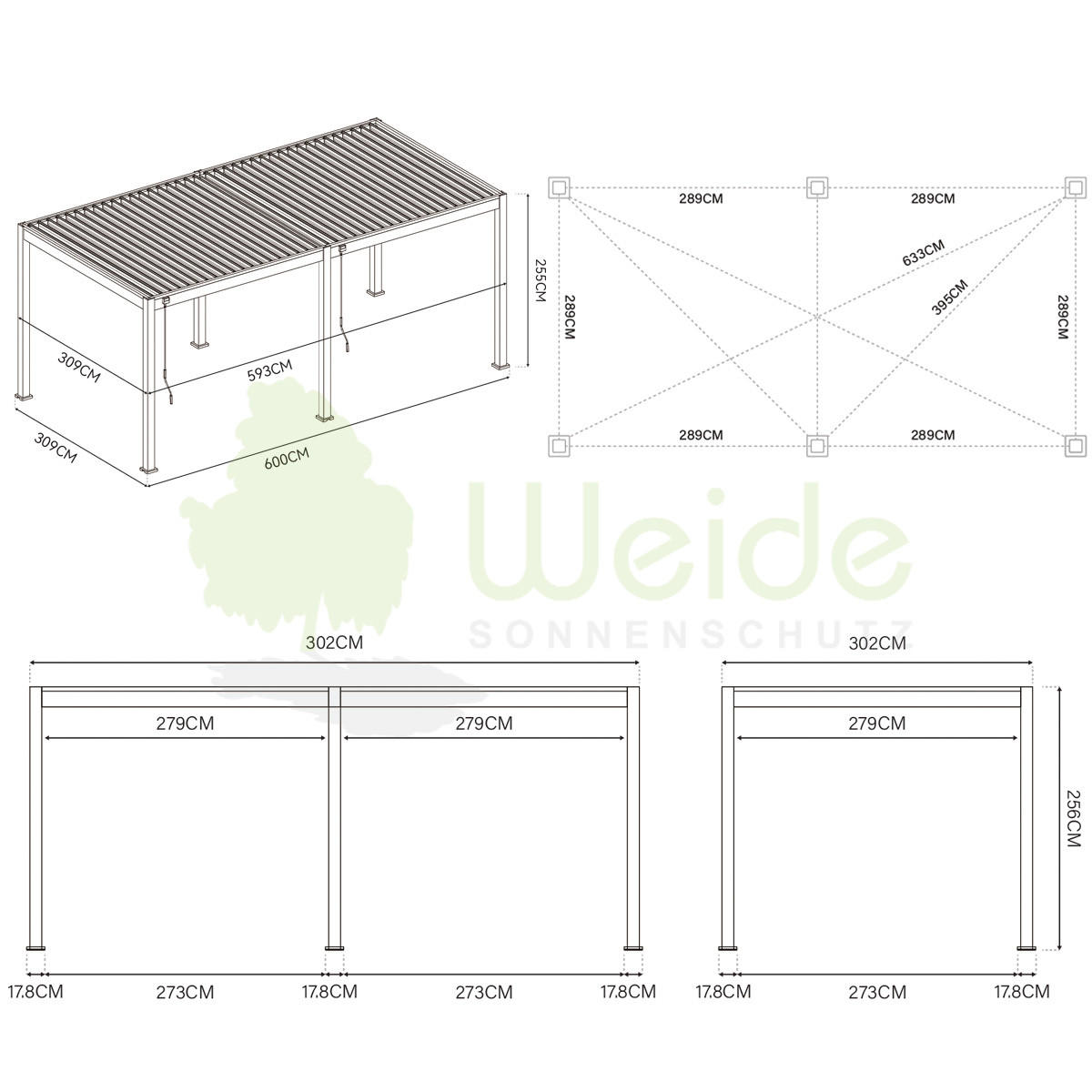 PERGOLA Deluxe Elektrisch Pavillon Terrassenüberdachung Aluminium LED 3 x 6 m - Weiß, Metall (300/255/600cm) - WEIDE