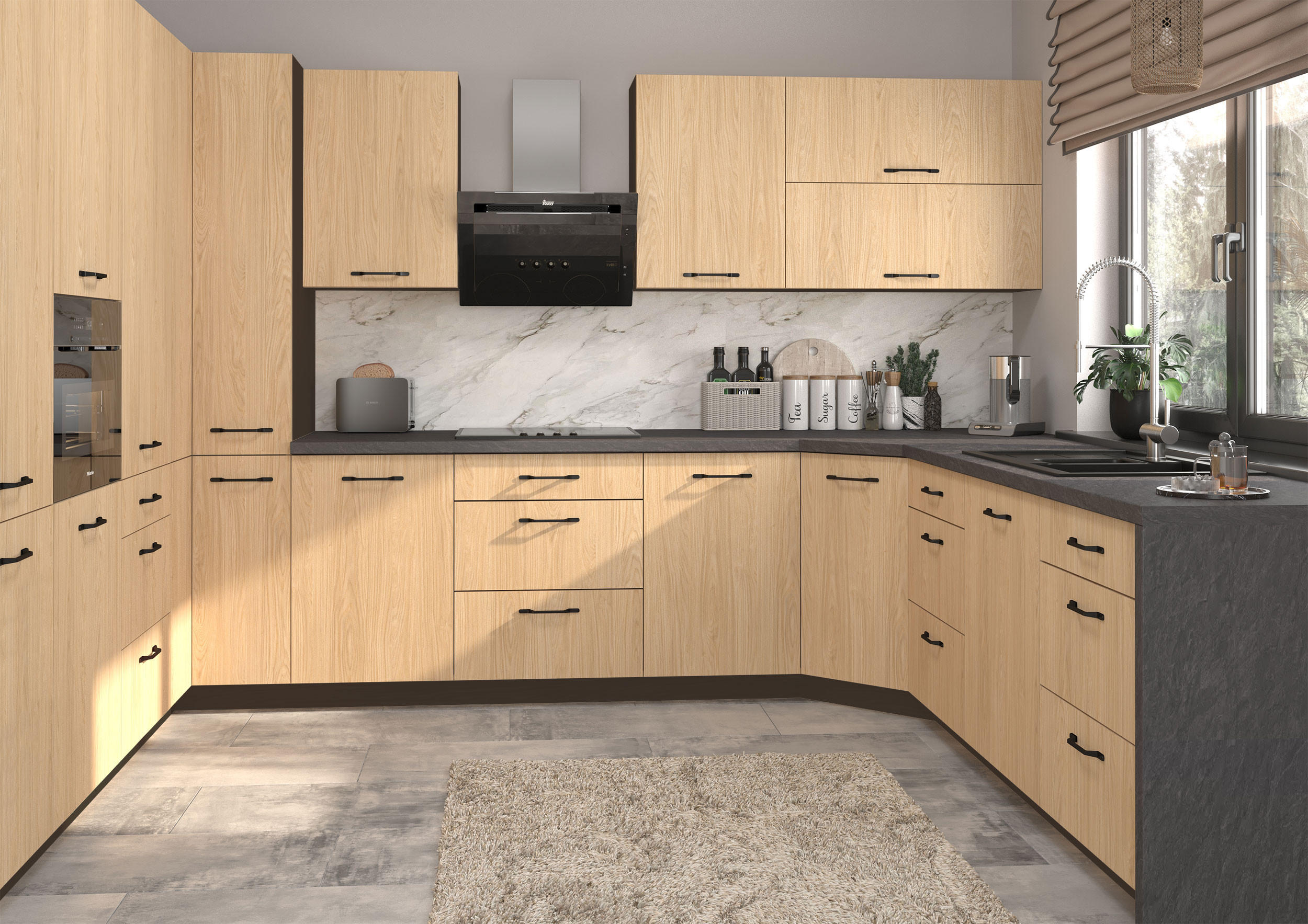 KÜCHENZEILE Casella 15-teilig Lava / Casella Eiche Natur hell - Hellbraun/Dunkelgrau, Holzwerkstoff/Metall (360/207/270cm) - Feldmann-Wohnen