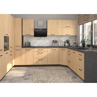 KÜCHENZEILE Casella 15-teilig Lava / Casella Eiche Natur hell - Hellbraun/Dunkelgrau, Holzwerkstoff/Metall (360/207/270cm) - Feldmann-Wohnen