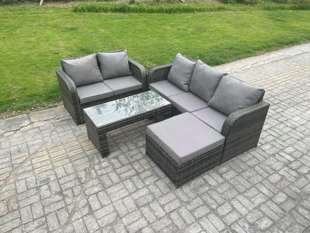 GARTENSOFA SET mit COUCHTISCH HOCKER Polyrattan 6-Sitzer - Dunkelgrau/Grau, Glas/Kunststoff - Fimous
