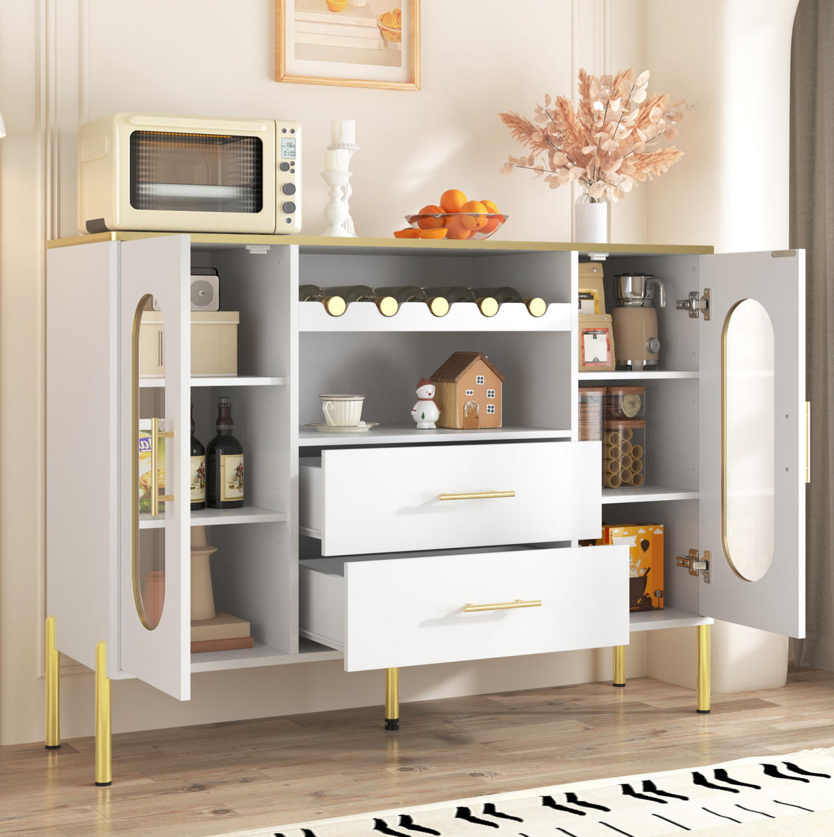 SIDEBOARD mit Glasfronten und integriertem Weinregal, 120/38/90 cm, Weiß mit goldenen Akzenten - Weiß, Holzwerkstoff (120/90/38cm) - Redom
