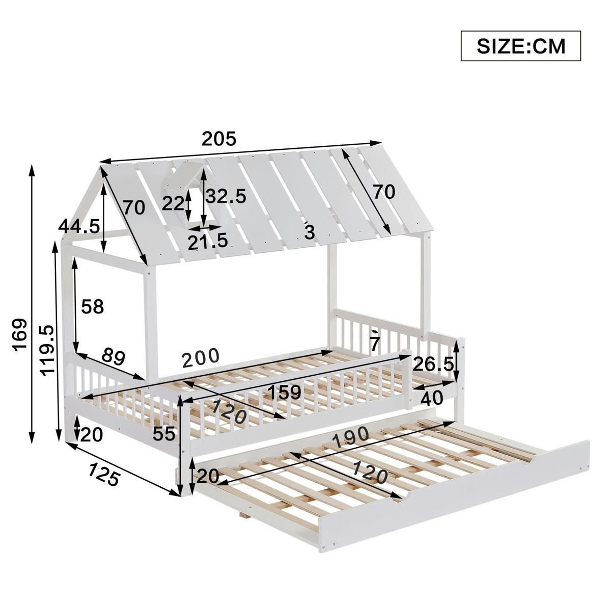 HAUSBETT 120/200 cm und 120/190 cm Weiß mit Rollbett und Dach mit Kaminleiste aus Kiefer+MDF - Weiß, Holzwerkstoff (120/200cm) - OKWISH