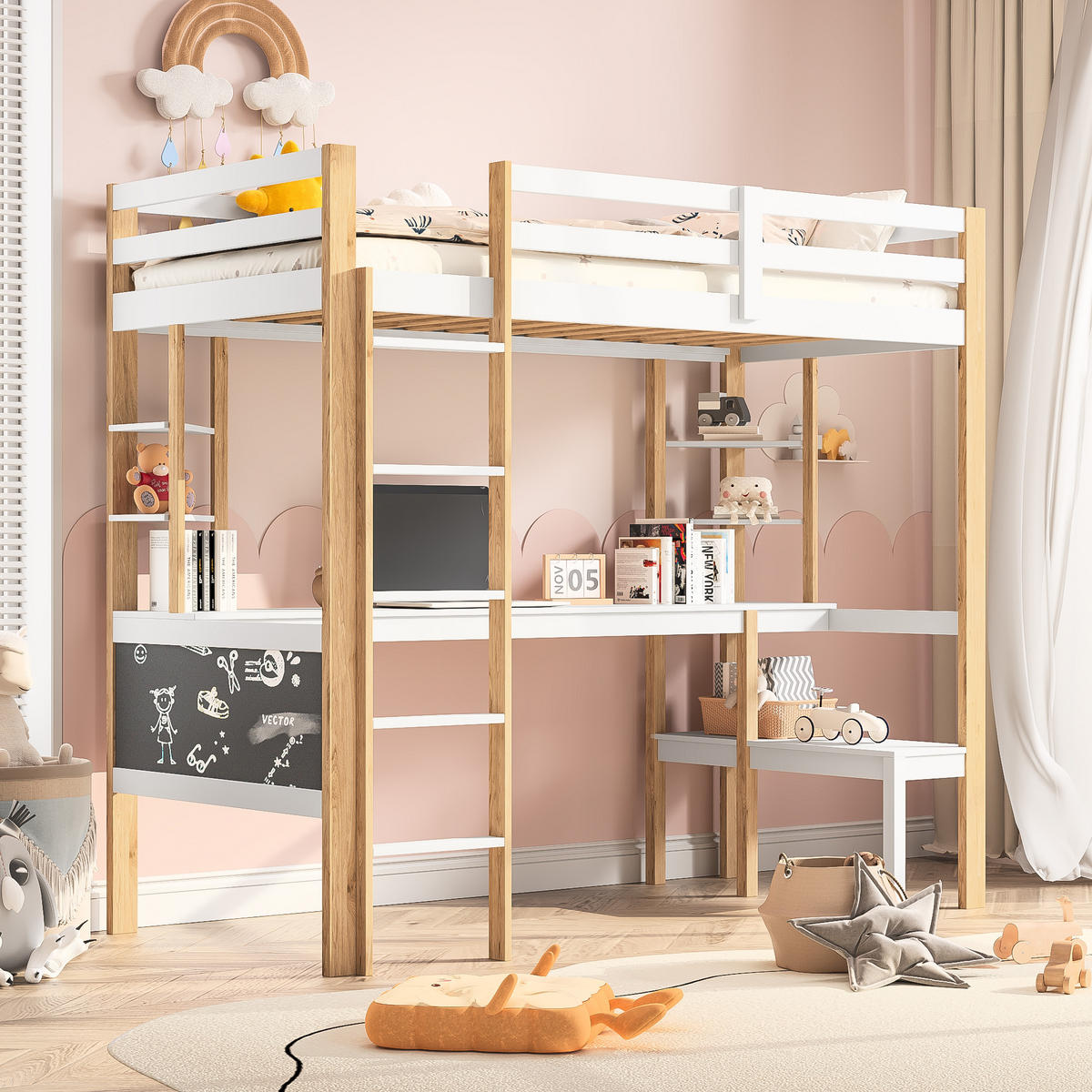 ETAGENBETT 90x200 Weiß mit Treppe - Weiß, Metall (90/200cm) - SHOPENTRA