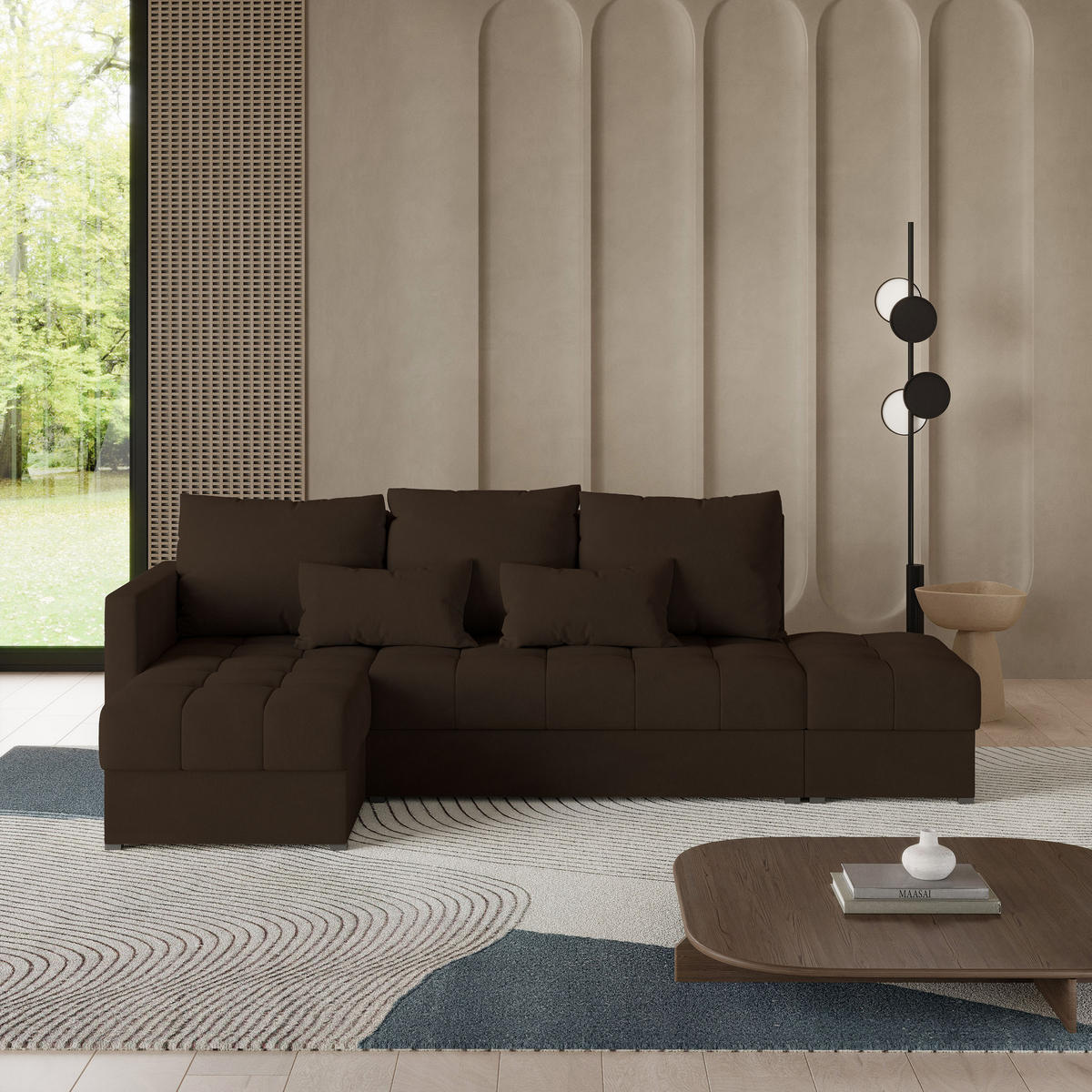 ECKSOFA LUMARI L-S Braun Plüsch-Stoff mit Schlaffunktion - Braun, Holz (262/143cm) - MASSENO