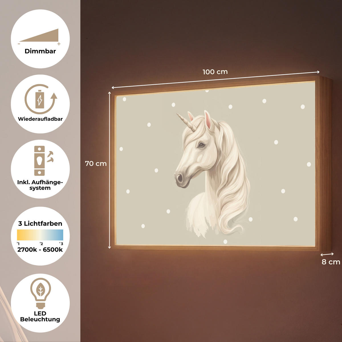 NACHTTISCHLAMPE MIT AKKU Einhorn - Weiß - Punkte 100x70 cm - Taupe, Holzwerkstoff (8/100/70cm) - OnlyWow