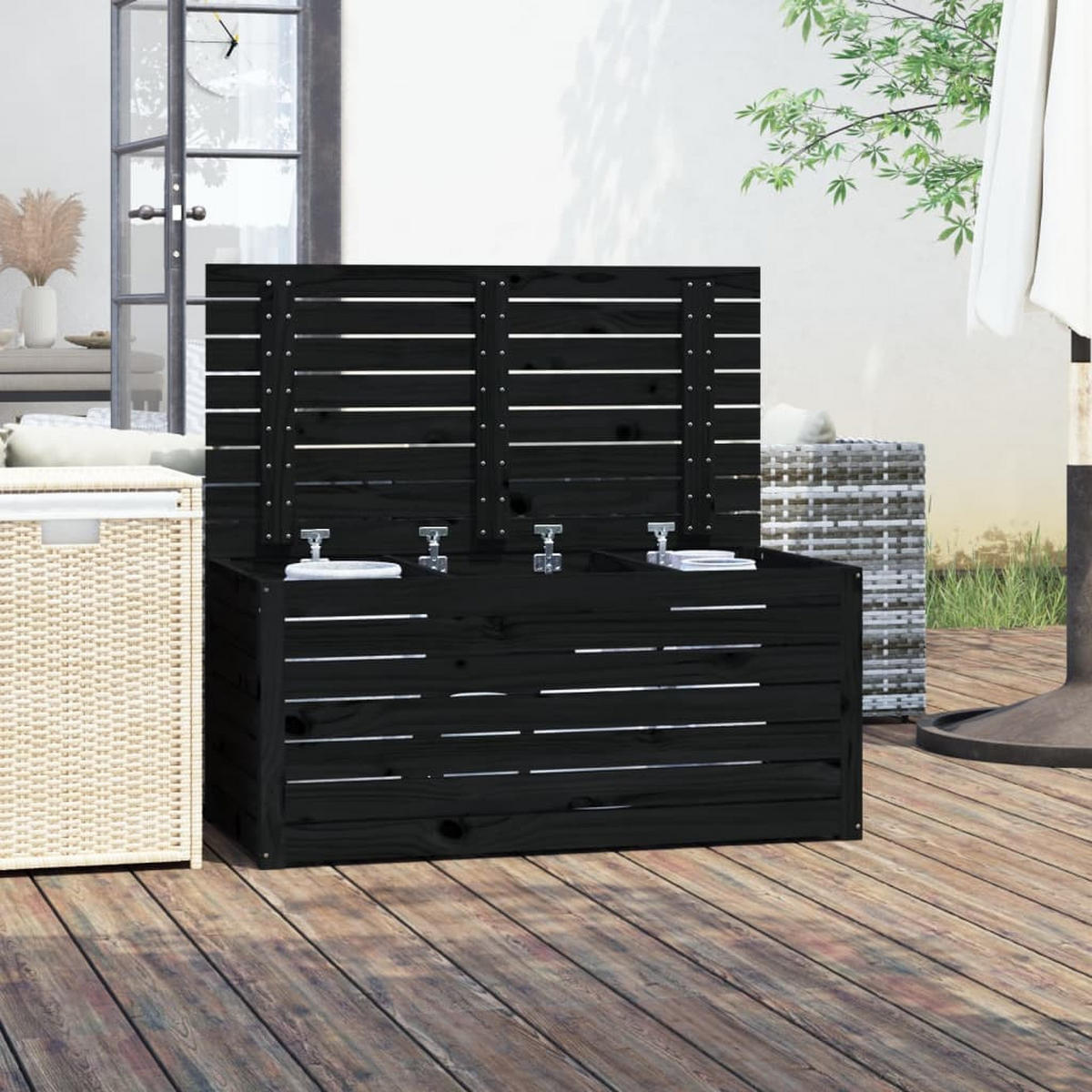GARTENBOX Schwarz 101x50,5x46,5 cm Massivholz Kiefer - Schwarz, Holz (101/46.5/50.5cm) - furnicato