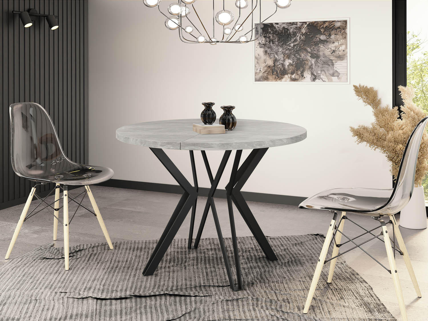 ESSTISCH Revena runder ausziehbarer, Grauer Beton 120-200/120/76 cm - Hellgrau/Schwarz, Holzwerkstoff/Metall (120/120/76cm) - WFL GROUP