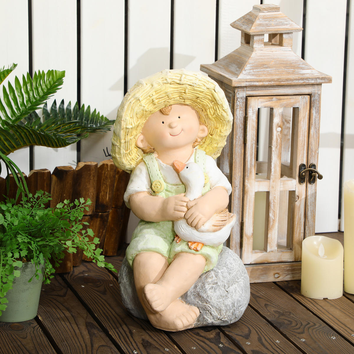 GARTENSTATUE "Kleiner Junge mit Strohhut", für Heimdekoration, Garten, Hof - Grün, Kunststoff (25/43/23.5cm) - Outsunny